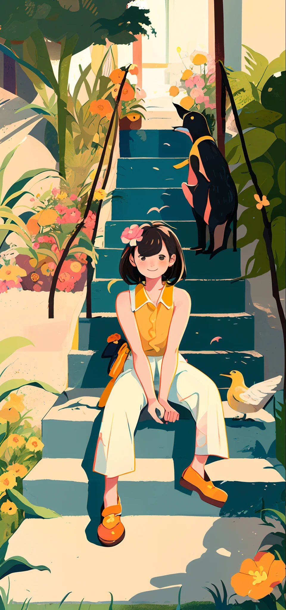 1 girl,Computer， Solo, stairways, Long hair, Brown hair, plant, shirt, Bird, Sleeveless shirt, Yellow footwear, Sleeveless, Sitting, White trousers, Skirt, flower, Smile, White skirt, orange footwear, Leaves, Black eyes, Wide shot, shoe, pink flower, trousers, Blush, shairband, Yellow shirt, streaked, sit on stairs, yellowflower, tree, Steps, shadow of the tree, flower