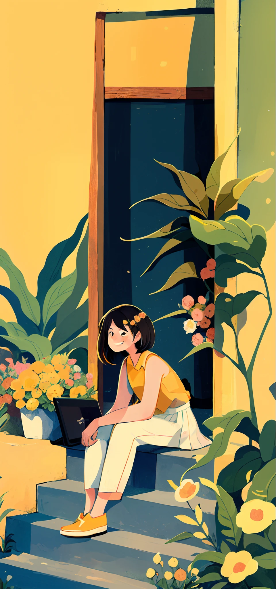 1 girl,Computer， Solo, stairways, Long hair, Brown hair, plant, shirt, Bird, Sleeveless shirt, Yellow footwear, Sleeveless, Sitting, White trousers, Skirt, flower, Smile, White skirt, orange footwear, Leaves, Black eyes, Wide shot, shoe, pink flower, trousers, Blush, shairband, Yellow shirt, streaked, sit on stairs, yellowflower, tree, Steps, shadow of the tree, flower