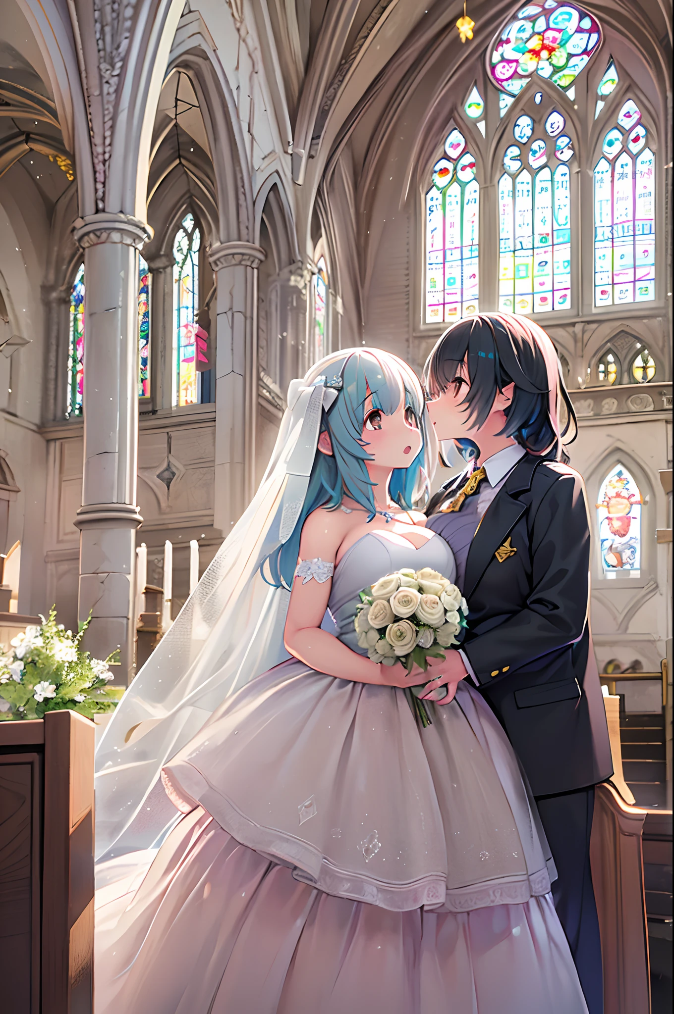 High resolution, Best Quality, masutepiece, Ultra high definition, Ultra high definition, A hyper-realistic,。.3D, Anime, Illustration, In a church、wedding hall、Two women in wedding dresses、2girls,girl1:bbw、adolable,Black hair,Bob-cut hair,rcasual、Kisses and hugs、stare、weddingdress、Girl 2:adolable,A pink-haired,Long grey hair,rcasual。Kisses and hugs、stare、weddingdress
