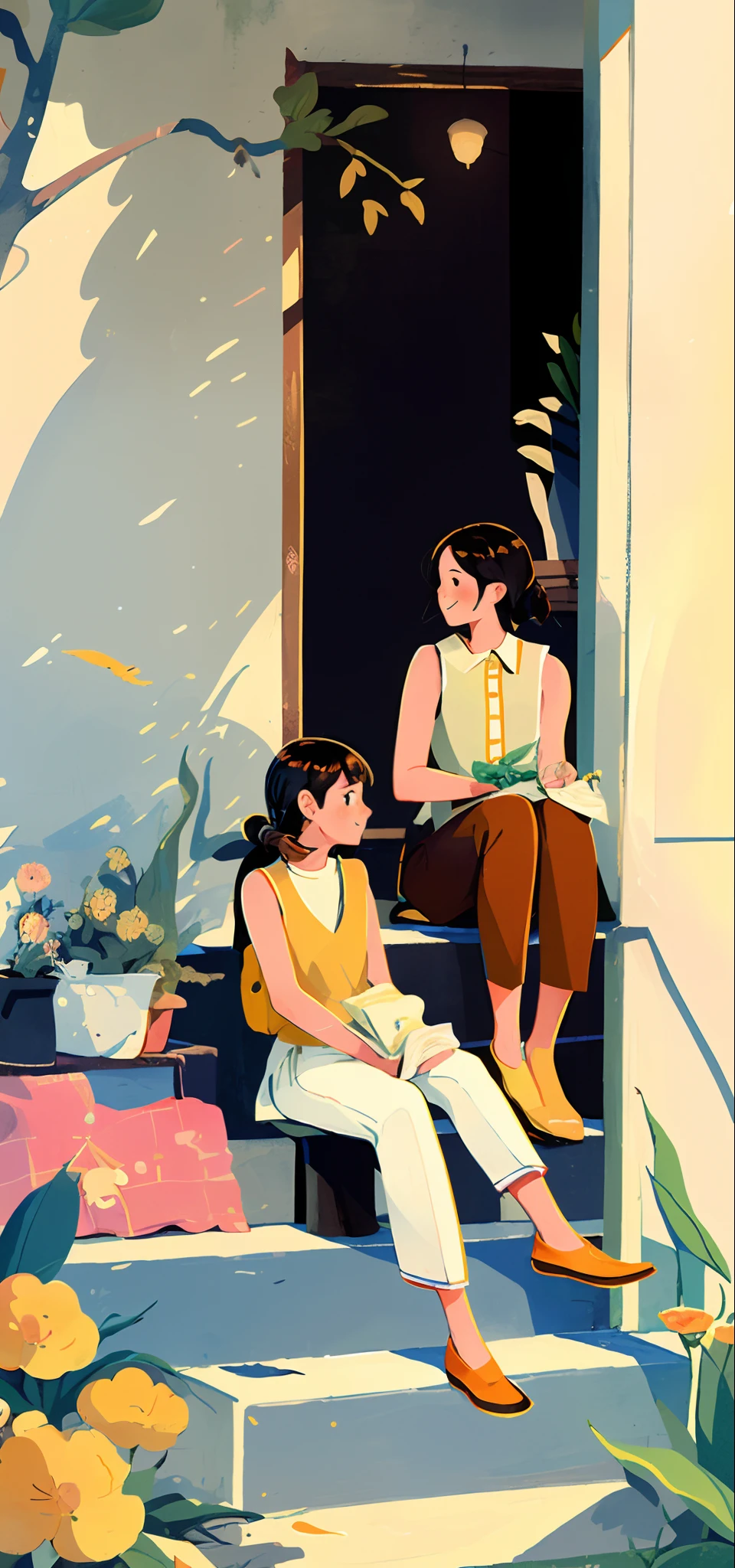 1 girl,Computer， Solo, stairways, Long hair, Brown hair, plant, shirt, Bird, Sleeveless shirt, Yellow footwear, Sleeveless, Sitting, White trousers, Skirt, flower, Smile, White skirt, orange footwear, Leaves, Black eyes, Wide shot, shoe, pink flower, trousers, Blush, shairband, Yellow shirt, streaked, sit on stairs, yellowflower, tree, Steps, shadow of the tree, flower