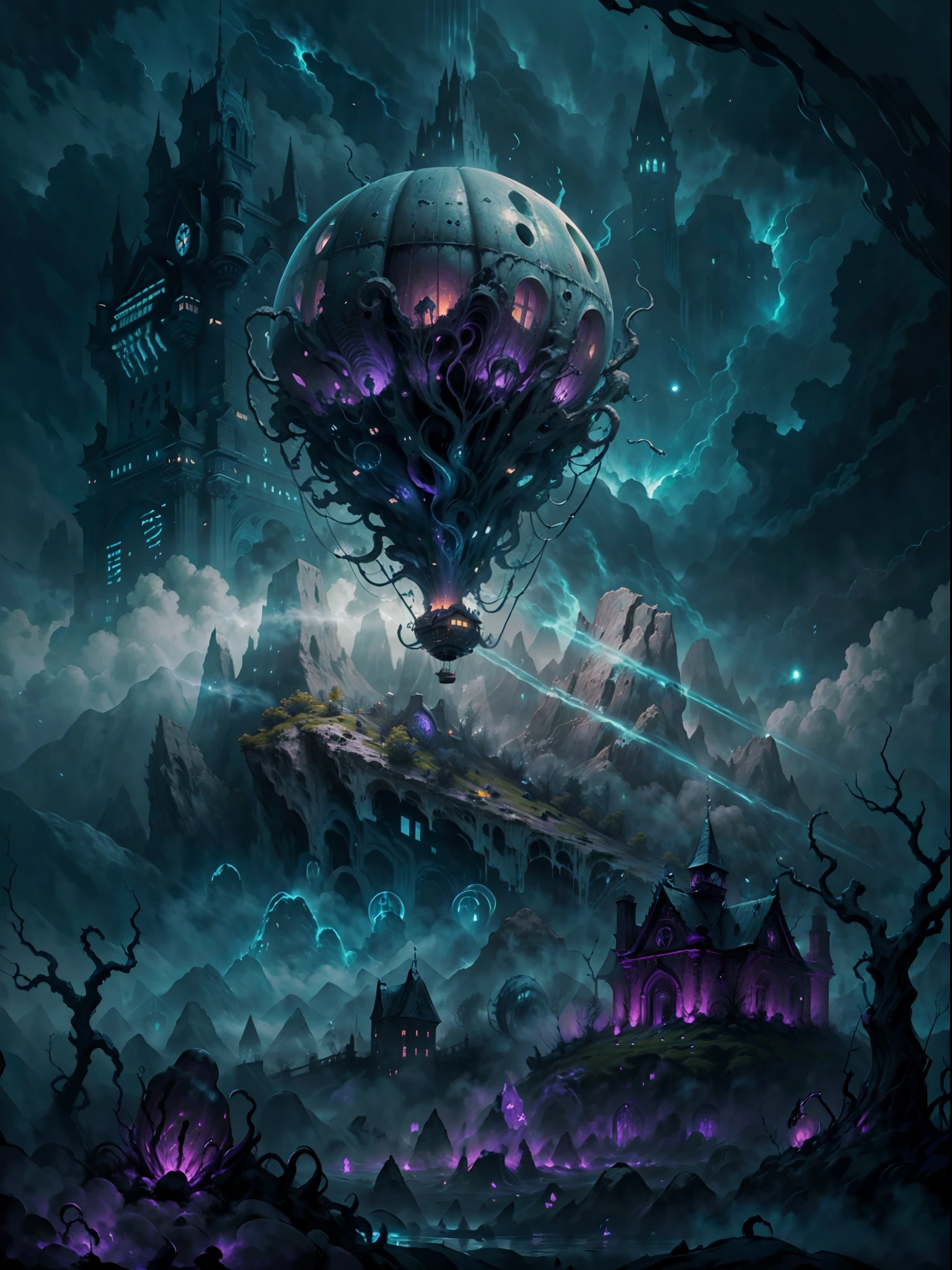 best quality,4k,8k,highres,masterpiece:1.2,ultra-detailed,realistic:1.37
hot air balloon,HP.lovecraft style,above the cloud
mysterious landscape,darkened sky,ominous atmosphere,foreboding clouds,eerie glow
ancient script on the balloon,elaborate carvings,ghastly tentacles,weird symbols
uncanny sense of scale,imposing size,otherworldly architecture,crumbling ruins
ethereal light beams,pale moonlight,subtle glow,shadows and highlights,haunting shadows
deeper hues of blue and purple,subdued color palette,occasional bursts of vibrant colors
impression of movement,wisps of fog,gently swaying trees,floating debris
isolated,desolate,forgotten,calm yet unsettling,unearthly,creepy atmosphere