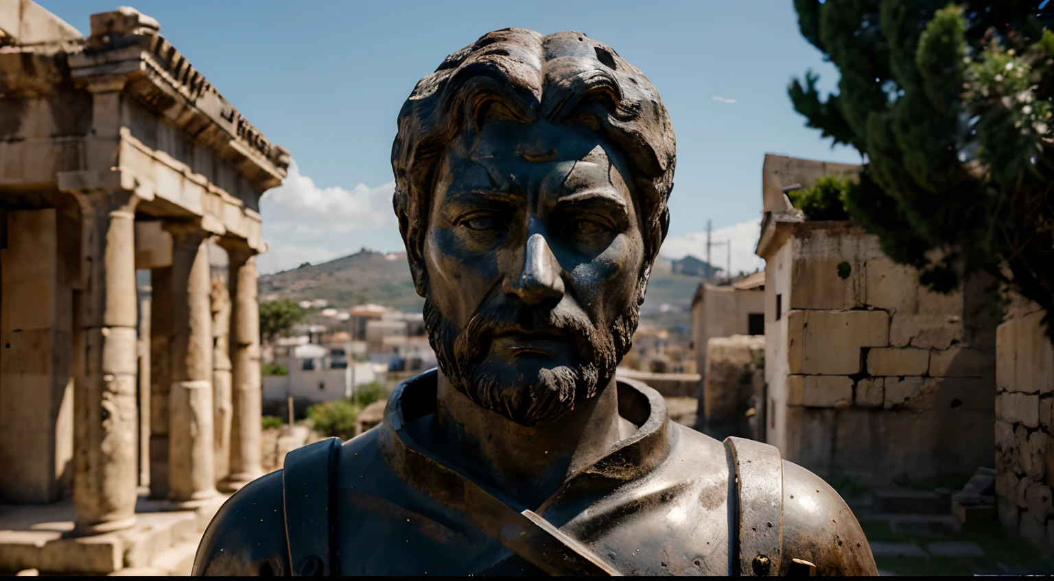 Ancient Stoic Statue With Very Angry Expression, tem barba, muitos detalhes em ambos os olhos, Outside, fundo atenas grego, open sky, com rosto extremamente detalhado full body view, Colors with low saturation with dark tone, Filmado em Sony A7S III com Sony FE 35mm f/1.8, 12.1 MP, --AR 3:2 --estilo cru