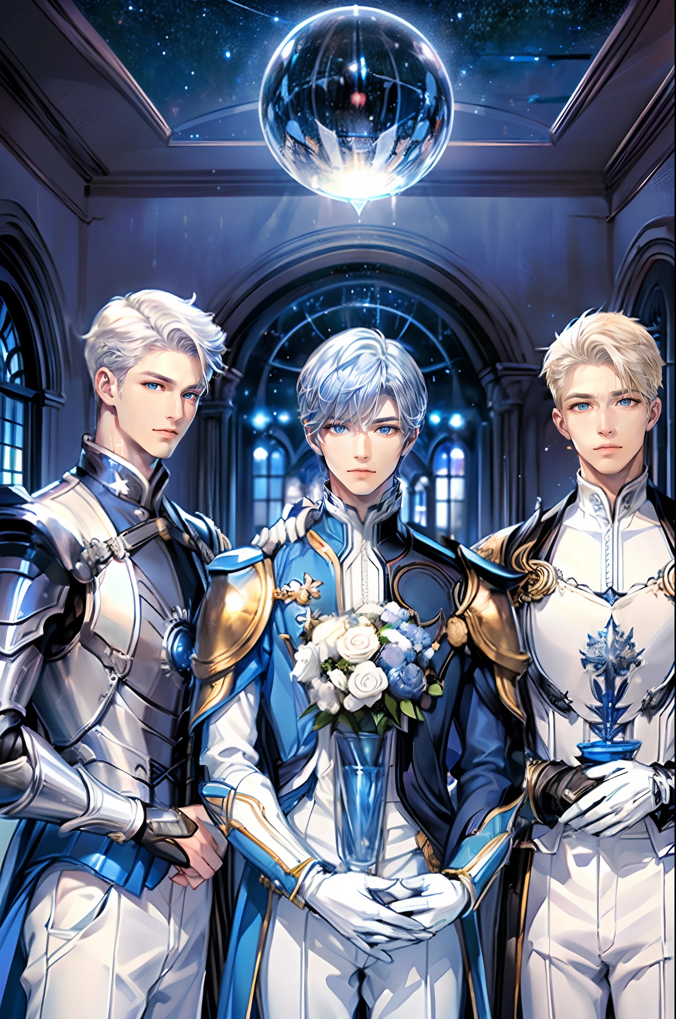 ((4K works))、​masterpiece、(top-quality)、((Three beautiful boys))、Slim body、tall、((Black Y-shirt and white pants、Charming British knight style))、Please wear one jacket、(Detailed beautiful eyes)、Fantastic Night、((You can see the starry sky from the window))、Fantastic room at midnight、((short-haired))、((With a man with white hair))、((With a man with blue hair))、((blonde guy))、((Smaller face))、((Neutral face))、((Bright blue eyes))、((American adult male))、((Adult male 26 years old))、((Cool Men))、((Like a celebrity))、((Gentle look))、((Korean Makeup))、((elongated and sharp eyes))、((Happy dating))、((boyish))、((Upper body photography))、Professional Photos、((Shot from his front))、((Gentle expression))、((They are in front of the viewer))、((They are in the corner of the room))、((chum))、((Focus zoom in))、Happiness、Happy memories、3 males、friendship、((Shot by 3 people))、((Three men standing side by side))