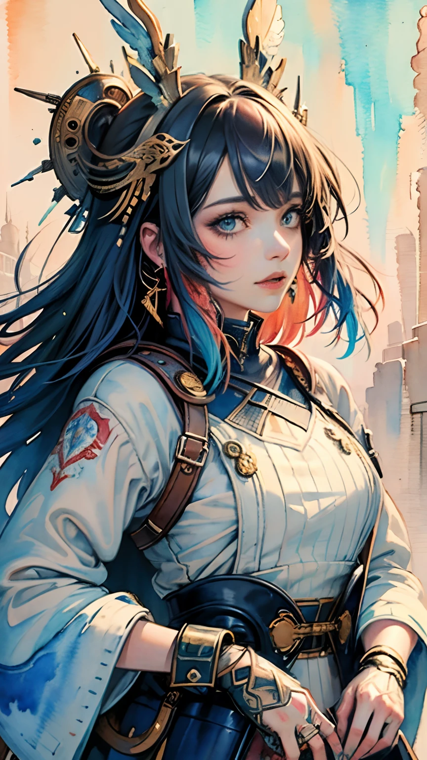 (masterpiece, top quality, best quality, official art, beautiful and aesthetic:1.2), (1girl:1.3), extreme detailed,colorful,highest detailed,(watercolour painting:1.3), optical mixing, playful patterns, lively texture, rich colors, unique visual effect