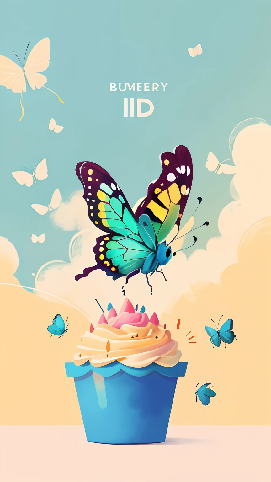 A big blue butterfly flies in the central poster, plain poster, minimalism, spacious, sky, blue, pink, pastel yellow, bright theme, birthday, word “U”, HD, 4K
