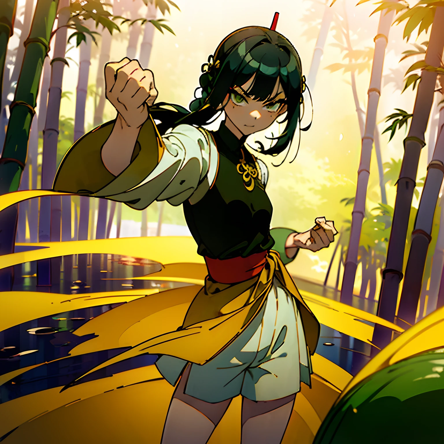 ((Masterpiece, solo, best quality, bamboo forest, river, splashing water, green cheongsam, two hair buns)), slim anime girl, ((slender body, young, kung fu pose, fists, clenched fists)), (very long eyelashes), asian skin, ((small breasts, gold trim, big sleeves, billowing sleeves)), white sleeves, ((black hair, green eyes, bangs, slim body, white monk shorts)), white shorts, black chinese kung fu shoes, ((hand wraps)), standing on one foot, angry face, (red eyeshadow)