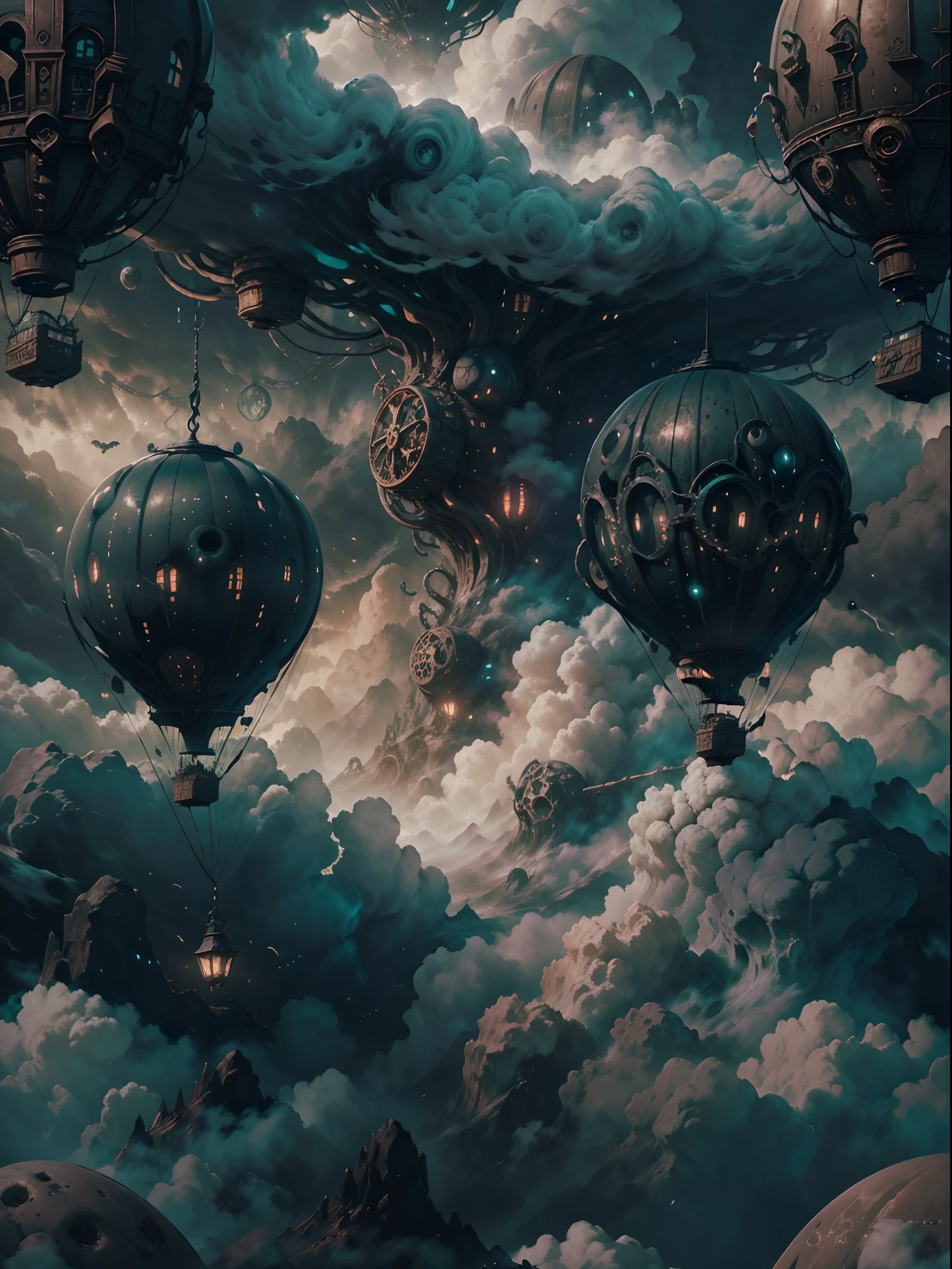 Close shot of a A hot air balloon flying above the clouds, glowing with otherworld energy,HP.lovecraft style, (best quality,4k,8k,highres,masterpiece:1.2), ultra-detailed, realistic:1.37, surreal dreamlike atmosphere, eerie lighting, ominous shadows, swirling mist, gothic aesthetic, ancient cosmic horror, otherworldly beings, tentacles emerging from the clouds, eldritch symbols, mysterious artifacts, arcane light illuminating the scene, dark and brooding colors, intense contrasts, hauntingly beautiful landscape, immense scale, foreboding sense of unease.