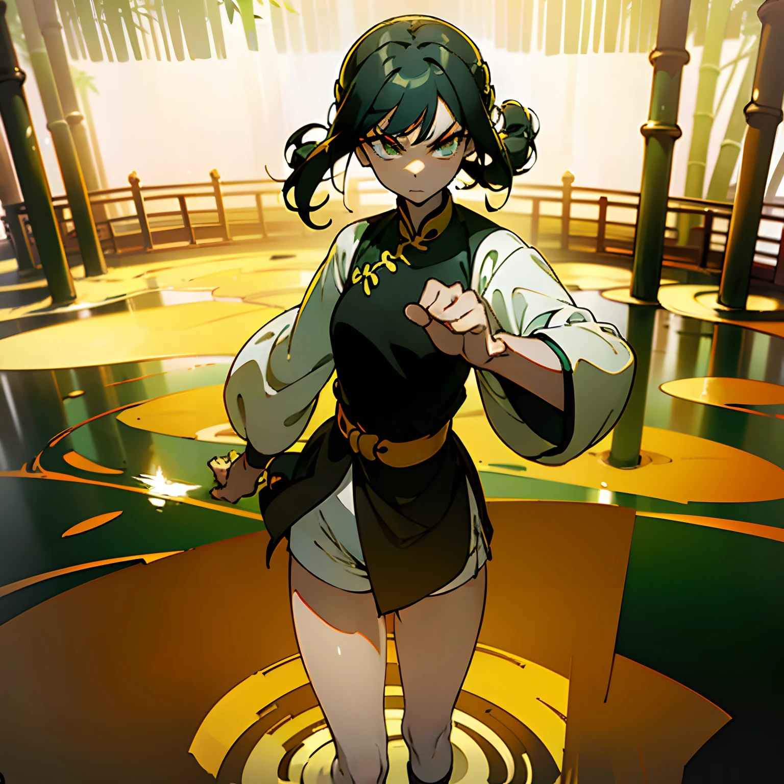 ((Masterpiece, solo, best quality, bamboo forest, river, splashing water, green cheongsam, two hair buns)), slim anime girl, ((slender body, young, kung fu pose, fists, clenched fists)), (very long eyelashes), asian skin, ((small breasts, gold trim, big sleeves, billowing sleeves)), white sleeves, ((black hair, green eyes, bangs, slim body, white monk shorts)), white shorts, black chinese kung fu shoes, ((hand wraps)), standing on one foot, angry face, (red eyeshadow)