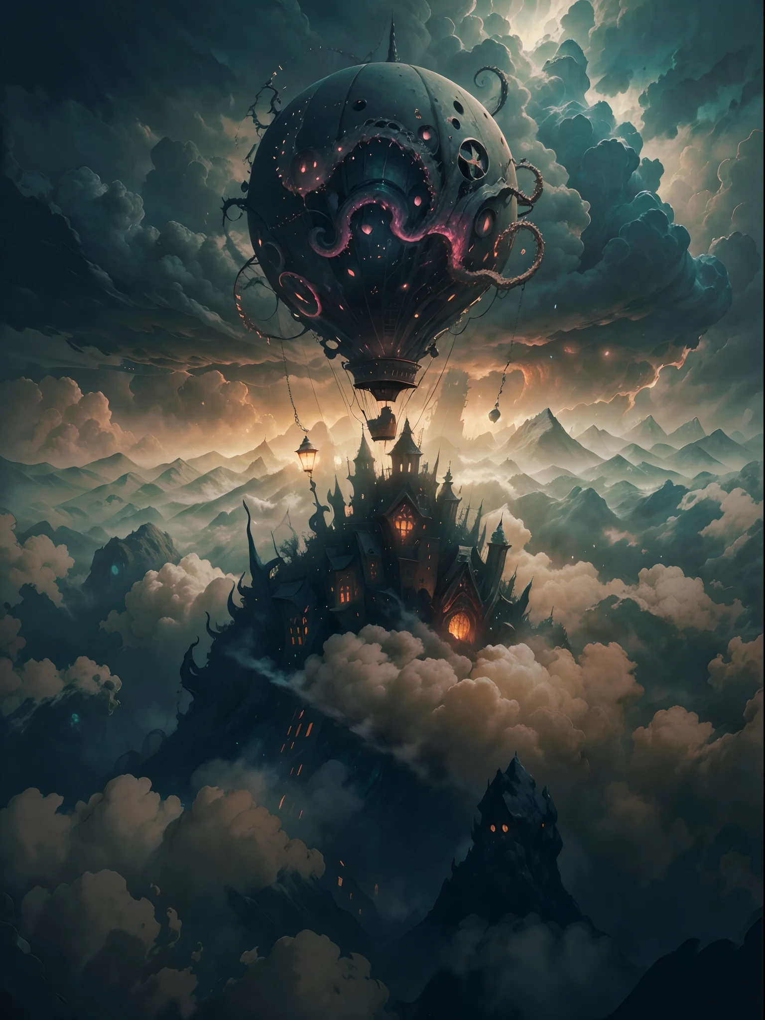 Close shot of a A hot air balloon flying above the clouds, glowing with otherworld energy,HP.lovecraft style, (best quality,4k,8k,highres,masterpiece:1.2), ultra-detailed, realistic:1.37, surreal dreamlike atmosphere, eerie lighting, ominous shadows, swirling mist, gothic aesthetic, ancient cosmic horror, otherworldly beings, tentacles emerging from the clouds, eldritch symbols, mysterious artifacts, arcane light illuminating the scene, dark and brooding colors, intense contrasts, hauntingly beautiful landscape, immense scale, foreboding sense of unease.