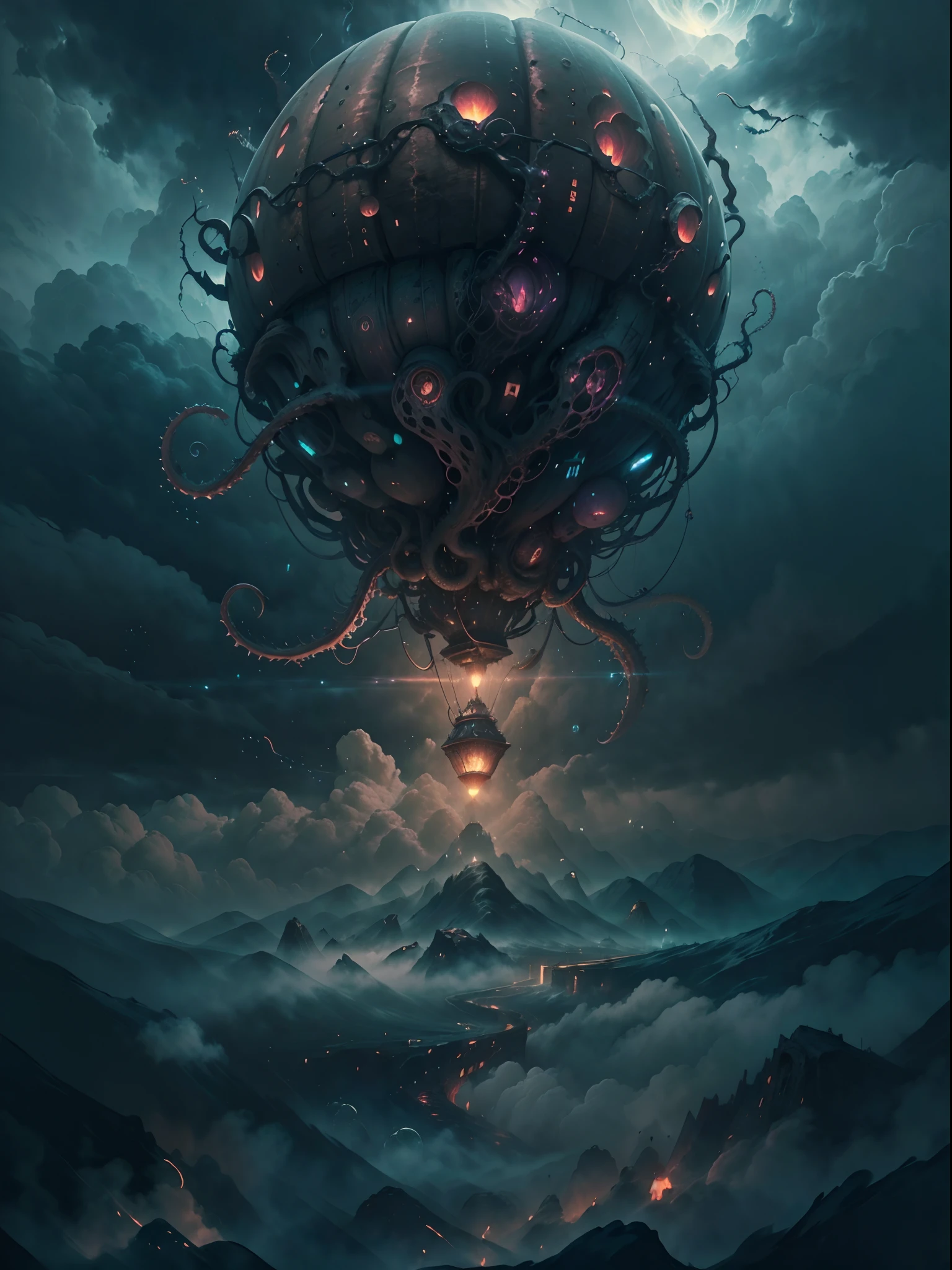 Close shot of a A hot air balloon flying above the clouds, glowing with otherworld energy,HP.lovecraft style, (best quality,4k,8k,highres,masterpiece:1.2), ultra-detailed, realistic:1.37, surreal dreamlike atmosphere, eerie lighting, ominous shadows, swirling mist, gothic aesthetic, ancient cosmic horror, otherworldly beings, tentacles emerging from the clouds, eldritch symbols, mysterious artifacts, arcane light illuminating the scene, dark and brooding colors, intense contrasts, hauntingly beautiful landscape, immense scale, foreboding sense of unease.