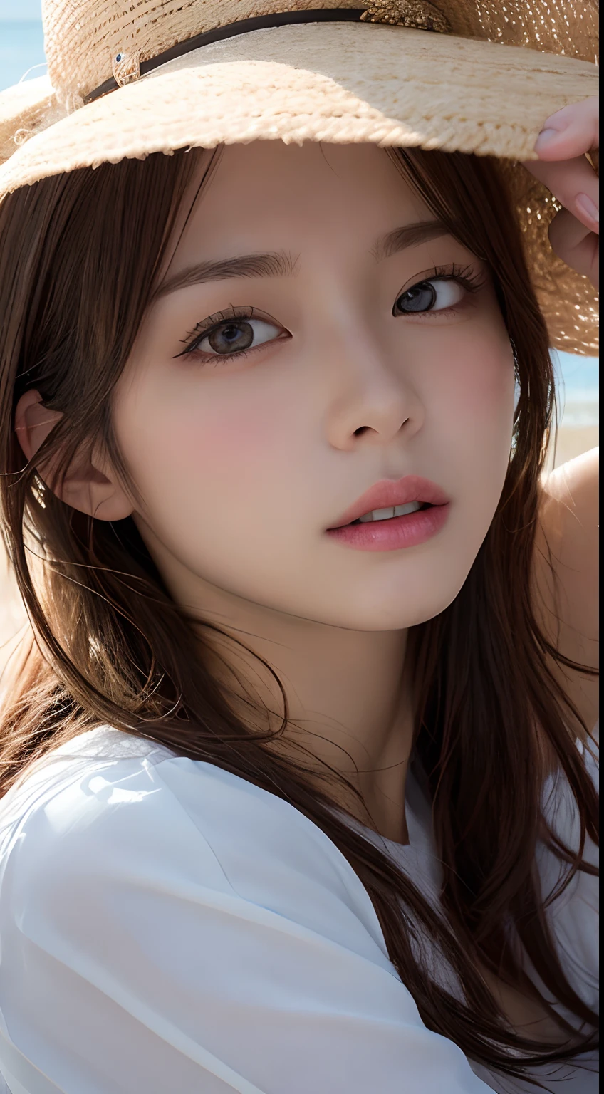 masutepiece, Best Quality, Illustration, Ultra-detailed, finely detail, hight resolution, 8K Wallpaper, Perfect dynamic composition, Beautiful detailed eyes , the beach, Sexy face,Face feeling ecstasy,Face at the peak of sexual arousal