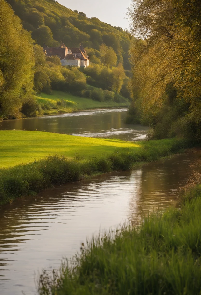 Countryside by the river,The right half is the river,On the left is the lawn,Eau,There are houses in the distance,Nature,River,