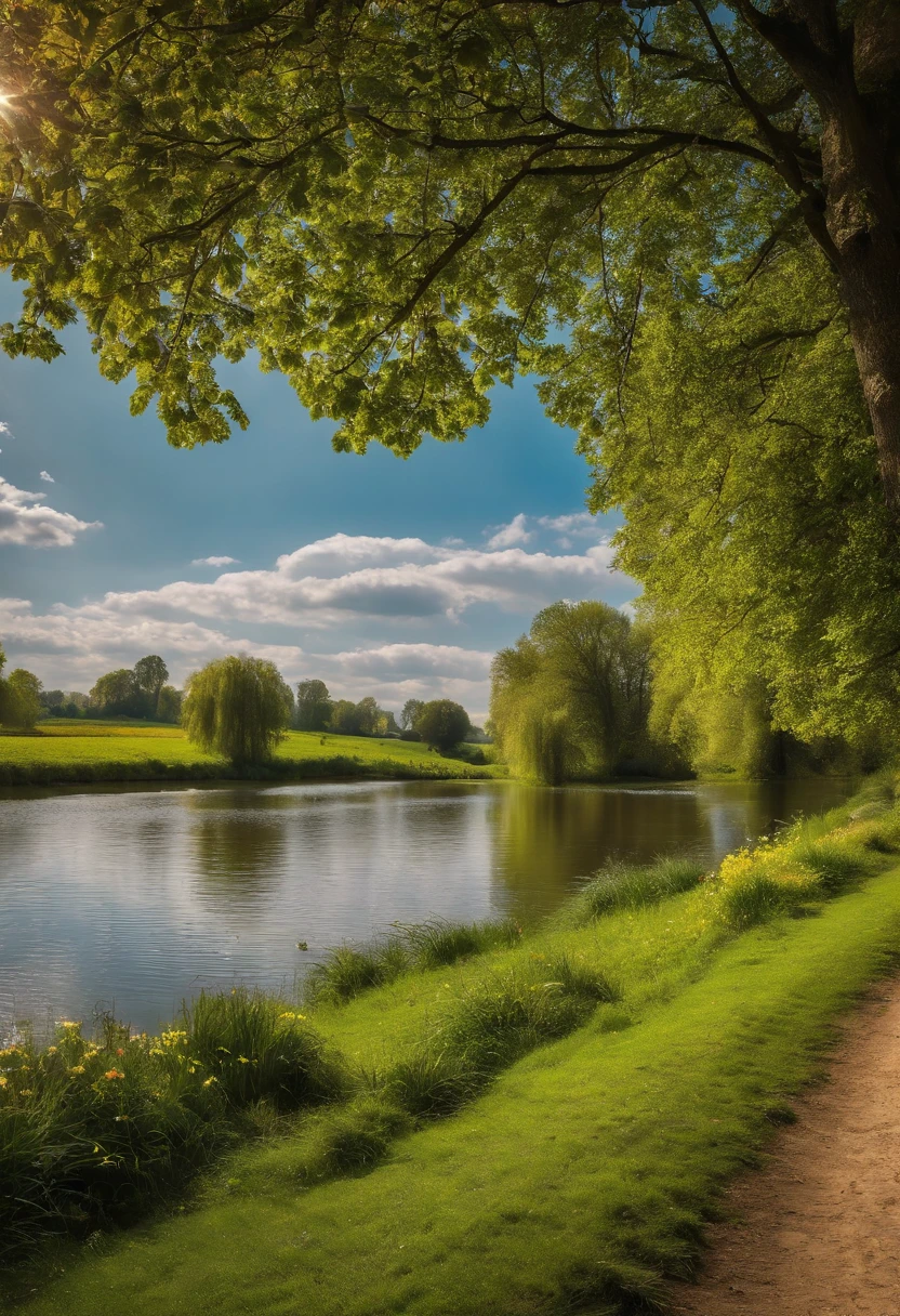 Countryside by the river，The right half is the river，On the left is the lawn，Eau，There are houses in the distance，Nature，River，