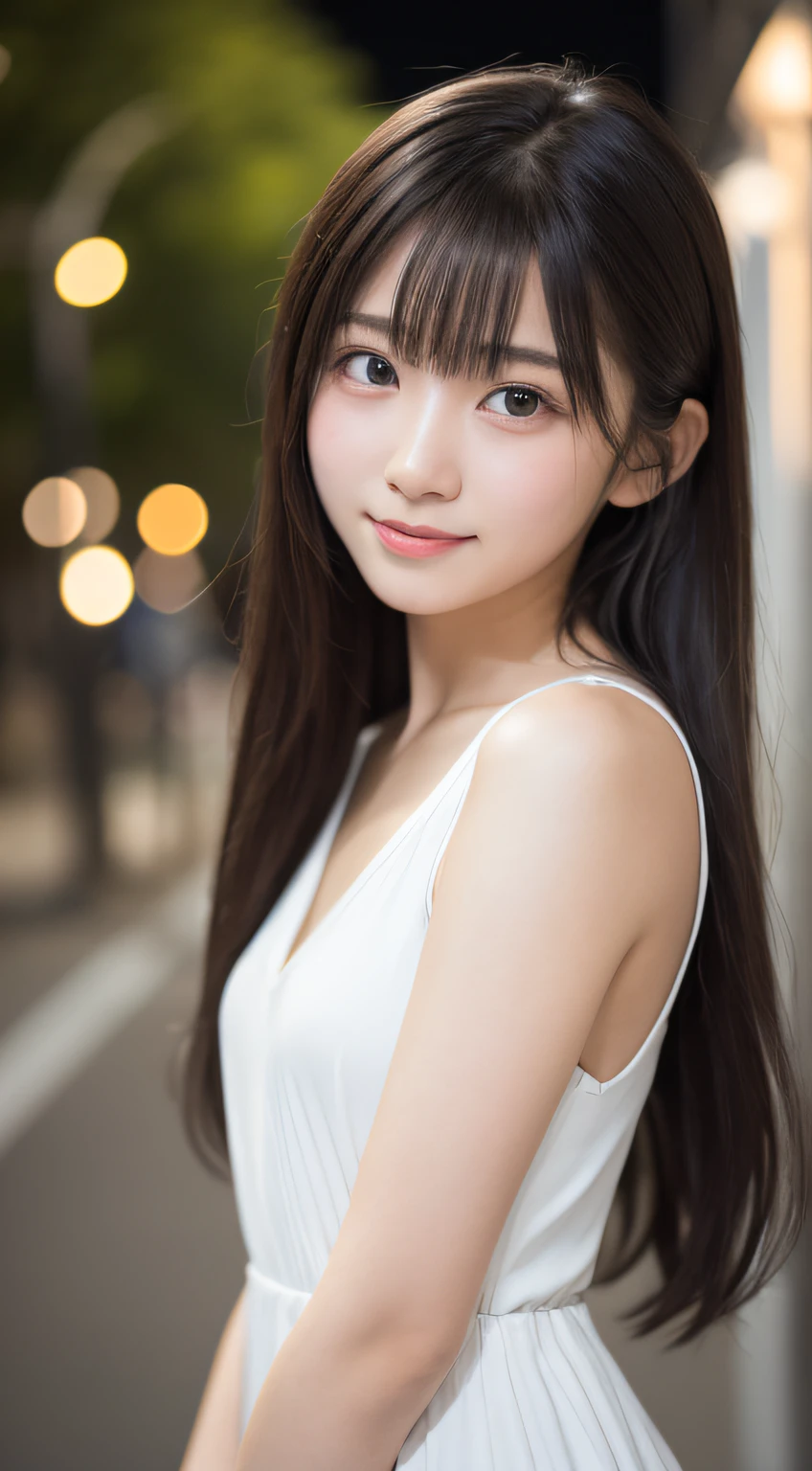 masutepiece, Best Quality, 8K, 15yo student, Teen, Raw photo, absurderes, award winning portrait, Solo, Night, neons, Idol face, violaceaess, gardeniass, Delicate girl, Upper body, Digital SLR, Looking at Viewer, Candid, Sophisticated, zora々Right, Smile, Thin arms, Professional Lighting, Film grain, chromatic abberation, (Eyes and faces with detailed:1.0), (Bokeh:1.1)