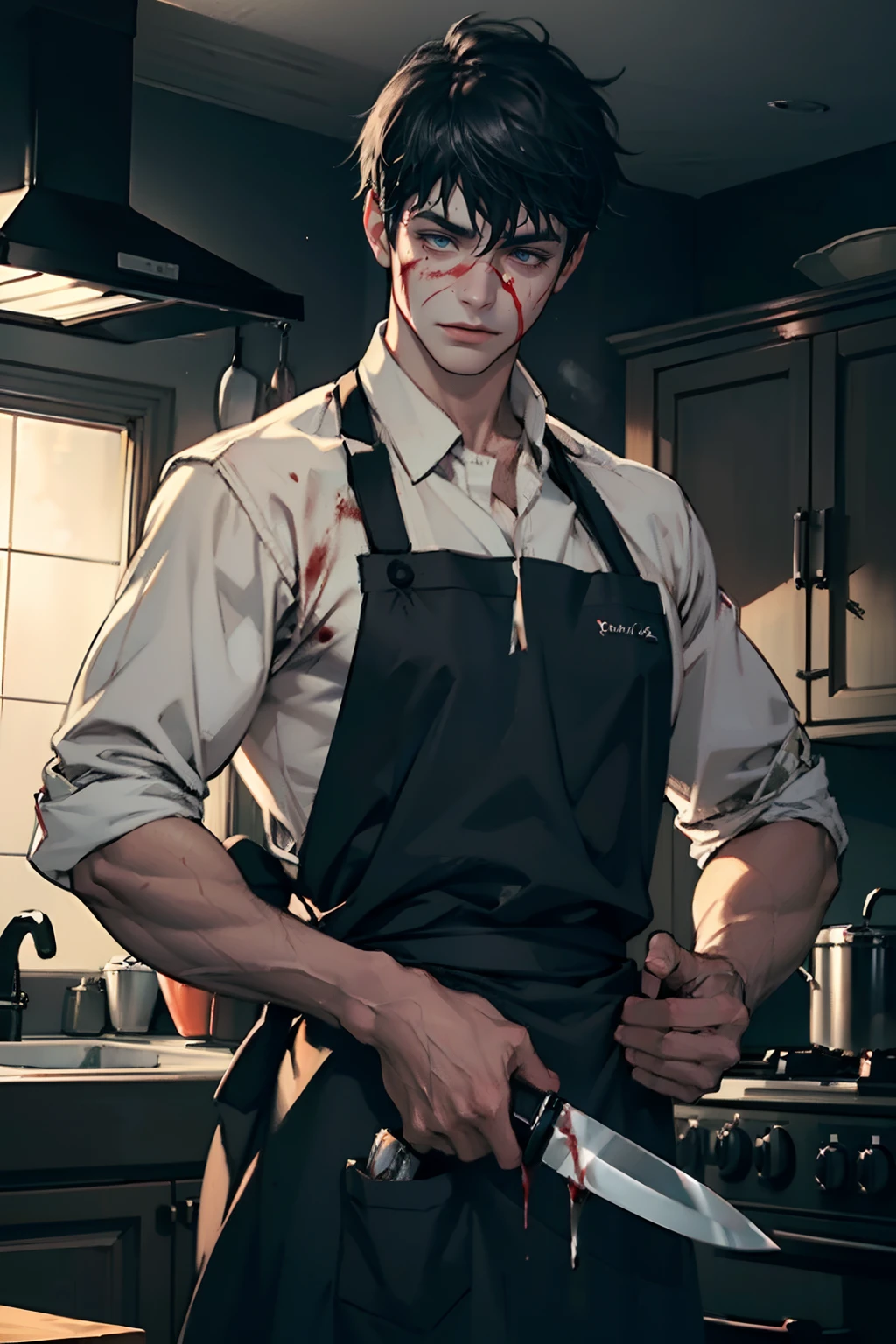 1 boy,perfect male body,look at the camera, (Wearing apron, holding a kitchen knife, with blood on his clothes and face, half closed eyes,dark room),in kitchen,portrait,dramatic shadow,Ray tracing, Best quality, Cinematic lighting, Extremely detailed CG, 8K wallpaper,Complicated