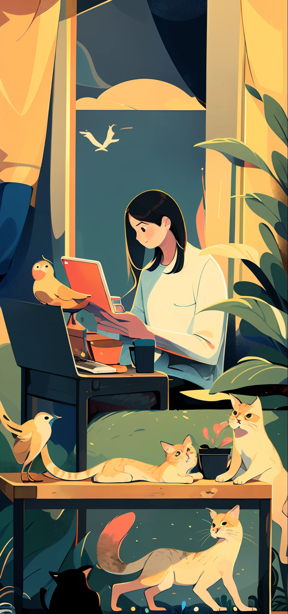 1 girl,Computer， Solo, stairways, Long hair, Brown hair, plant, shirt, Bird, catss