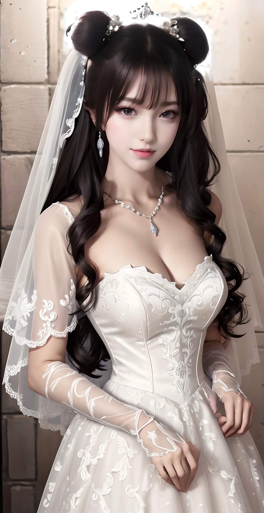 Close-up of a beautiful bride wearing a beautiful wedding dress, Gurwitz,（Pillory：1.5）, （flail：1.2）,  flail on the head, flail on the hands,full body photo,  whole body, (bridal veil: 1.5), (transparent short veil: 1.5), flushed face, head flower, tiara, Very detailed princess wedding dress,(tube wedding dress: 1.5), (silk dress: 1.2 ), (strapless wedding dress: 1.5), （floor length skirt：1.2）, pure white dress,white long skirt, necklace, earrings, (huge breasts: 1.3), deep V heart-neck wedding dress, bangs, lipstick, (lace gloves: 1.3),  high detail RAW Color art,