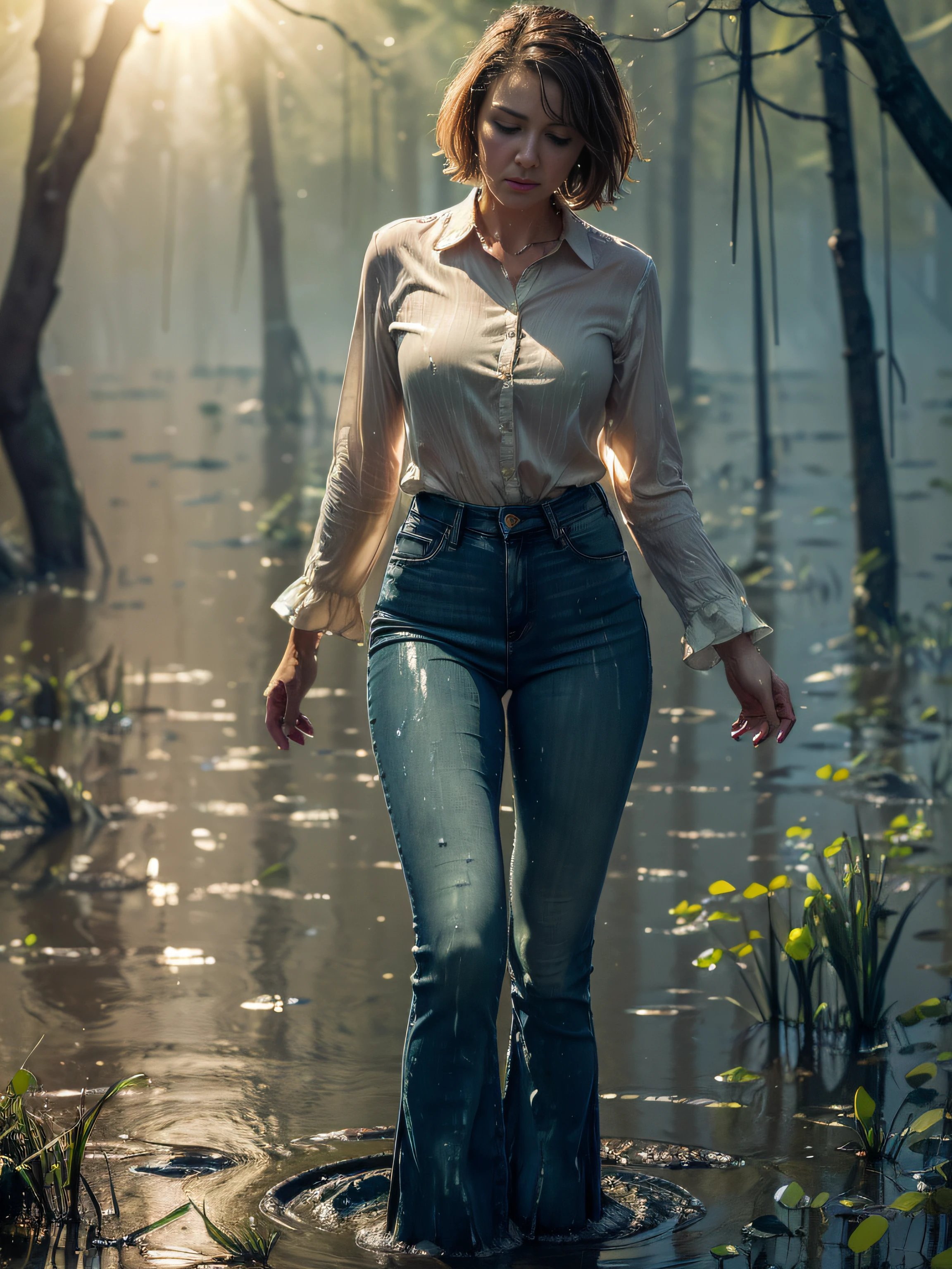 (Wide flares on jeans:1.2), (Clothes are soaked in water), (Best Quality,hight resolution,bokeh:1.2),The woman,Pronounced wrinkles,Bob haircut,Detailed eyes and face,blouse,expression of despair,dramatic lighting,desperation,(Drowning in a swamp below the knee:1.4),(standingn:1.1), Posing