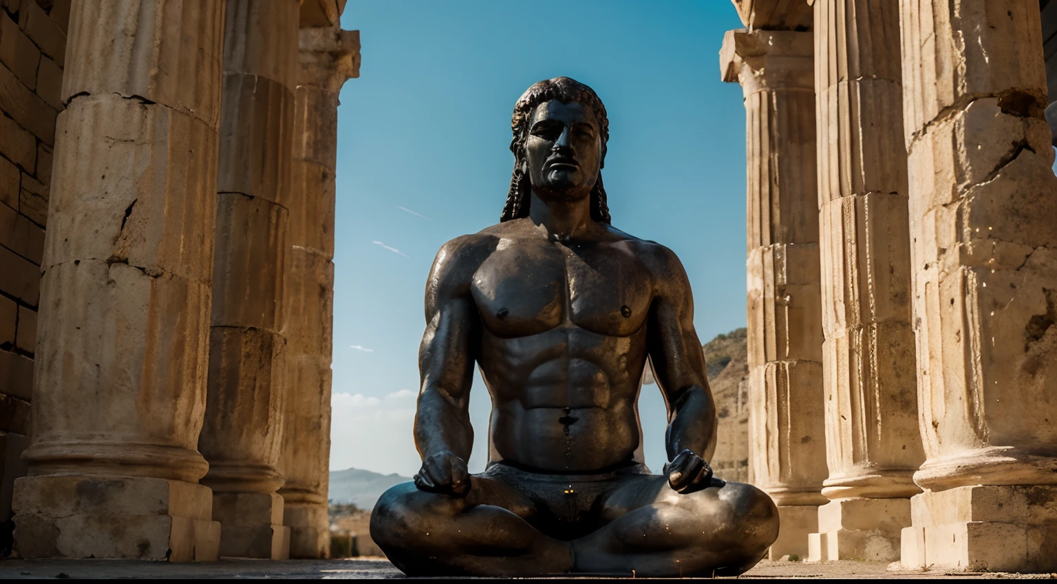 Ancient Stoic Statue With Very Angry Expression, tem barba, muitos detalhes em ambos os olhos, Outside, fundo atenas grego, open sky, com rosto extremamente detalhado full body view, Colors with low saturation with dark tone, Filmado em Sony A7S III com Sony FE 35mm f/1.8, 12.1 MP, --AR 3:2 --estilo cru