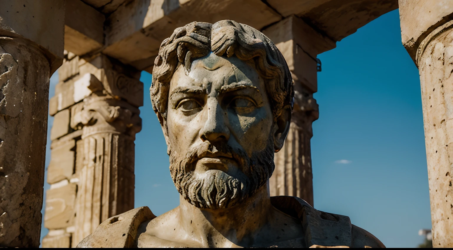 Ancient Stoic Statue With Very Angry Expression, tem barba, muitos detalhes em ambos os olhos, Outside, fundo atenas grego, open sky, com rosto extremamente detalhado full body view, Colors with low saturation with dark tone, Filmado em Sony A7S III com Sony FE 35mm f/1.8, 12.1 MP, --AR 3:2 --estilo cru