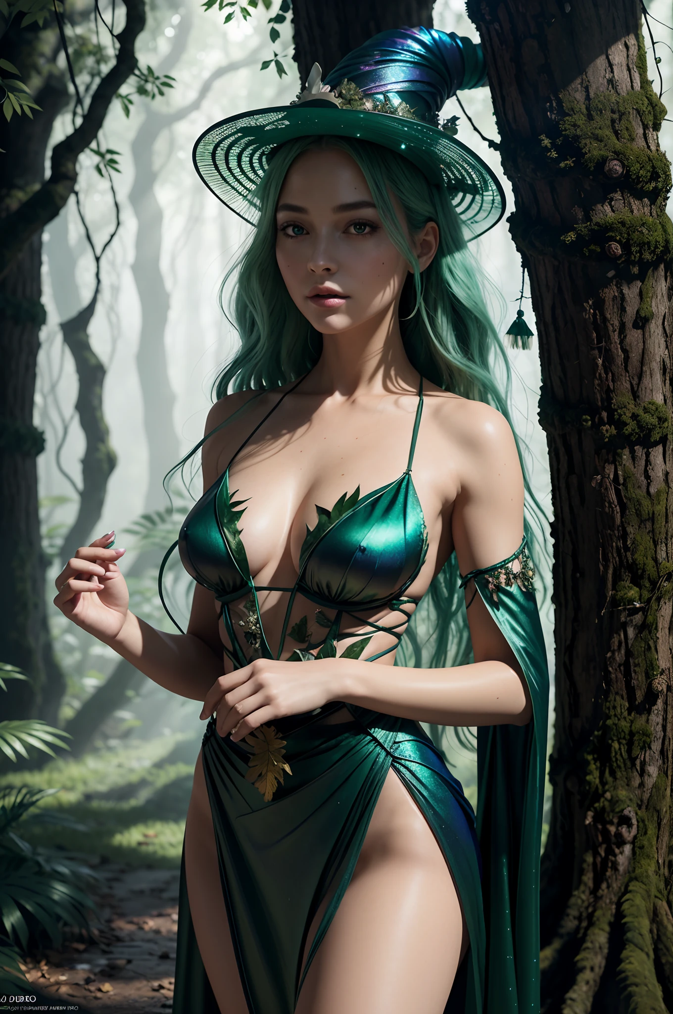 8K Ultra HD, highly detailed, we are transported to a mystical forest where the enigmatic beautiful Nature Witch resides, At the center of the painting stands the beautiful Nature Witch, a striking figure of ethereal beauty, Her presence is an embodiment of the very essence of nature itself, She has flowing, emerald-green hair that appears to be woven from the very vines and leaves that surround her, Her eyes, as deep as the forest itself, radiate a gentle wisdom and connection to all living things, The beautiful witch is adorned in a gown made of living flowers and leaves, as if she herself is a part of the forest, The gown shimmers with a soft, iridescent glow, reminiscent of morning dew on petals, luminism, 3d render, by yukisakura, octane render, Isometric,
