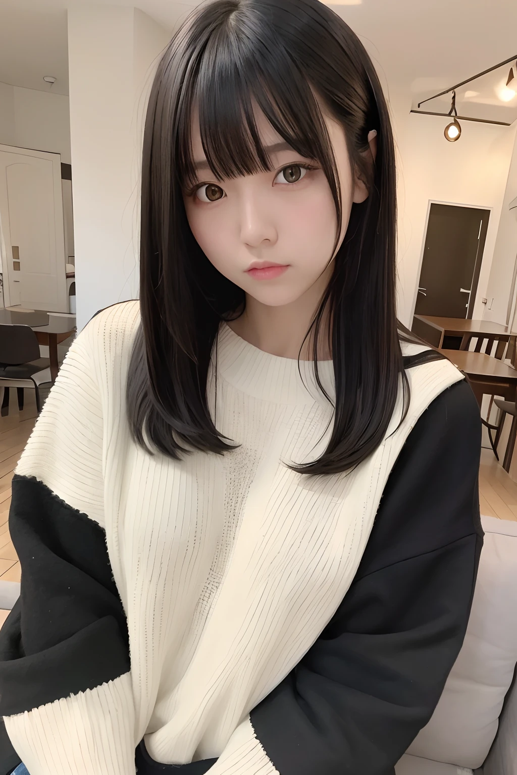 masterpiece, best quality,1girl, solo, black hair, realistic, looking at viewer, selfie, black eyes, long hair, oversized sweater, bangs, living room, closed mouth, upper body, hime cut