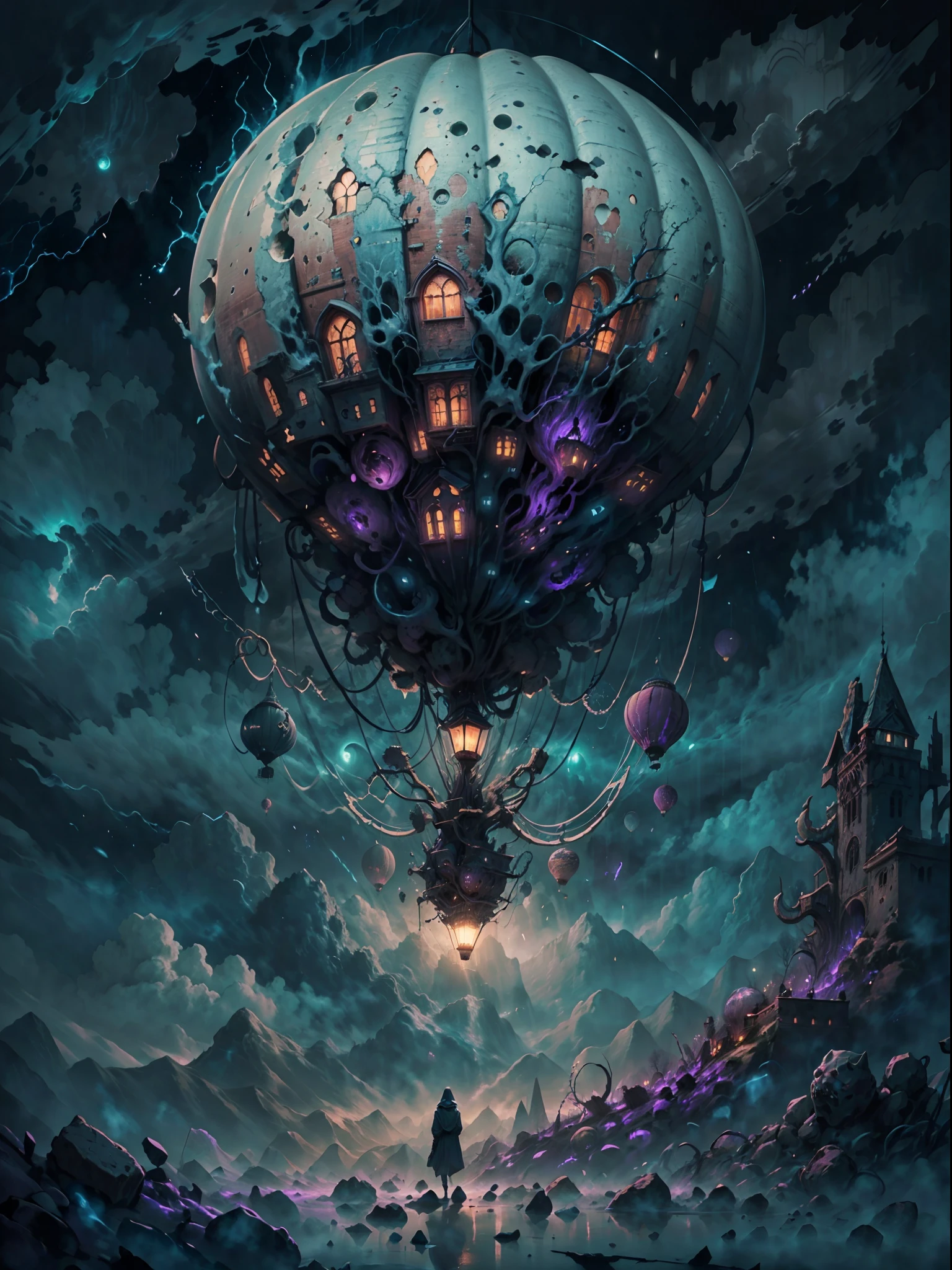 best quality,4k,8k,highres,masterpiece:1.2,ultra-detailed,realistic:1.37
,hot air balloon,HP.lovecraft style,above the cloud
,mysterious landscape,darkened sky,ominous atmosphere,foreboding clouds,eerie glow
,ancient script on the balloon,elaborate carvings,ghastly tentacles,weird symbols
,uncanny sense of scale,imposing size,,crumbling ruins
,ethereal light beams,pale moonlight,subtle glow,shadows and highlights,haunting shadows
,deeper hues of blue and purple,subdued color palette,occasional bursts of vibrant colors
,impression of movement,wisps of fog,gently swaying trees,floating debris
isolated,desolate,forgotten,calm yet unsettling,unearthly,creepy atmosphere