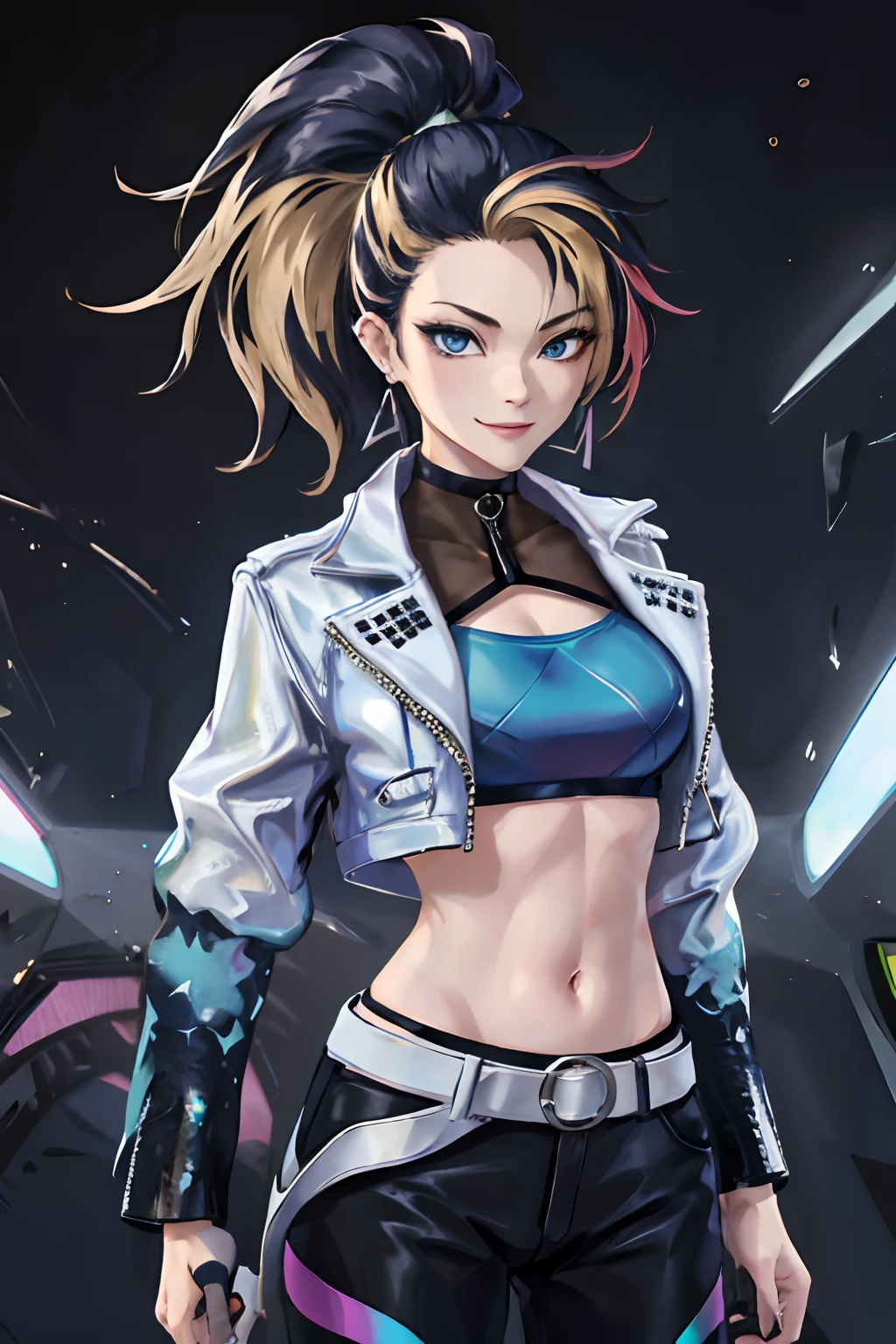 masterpiece, best quality, highres, akali, 1girl, k/da \(league of legends\), solo,  (black hair:1.1), blonde hair, (multicolored hair:1.1), jewelry, fingerless gloves, cropped jacket, midriff, earrings, two-tone hair, open jacket, black gloves, black pants, crop top, blue eyes, belt buckle, ponytail, cowboy shot, evil smile,