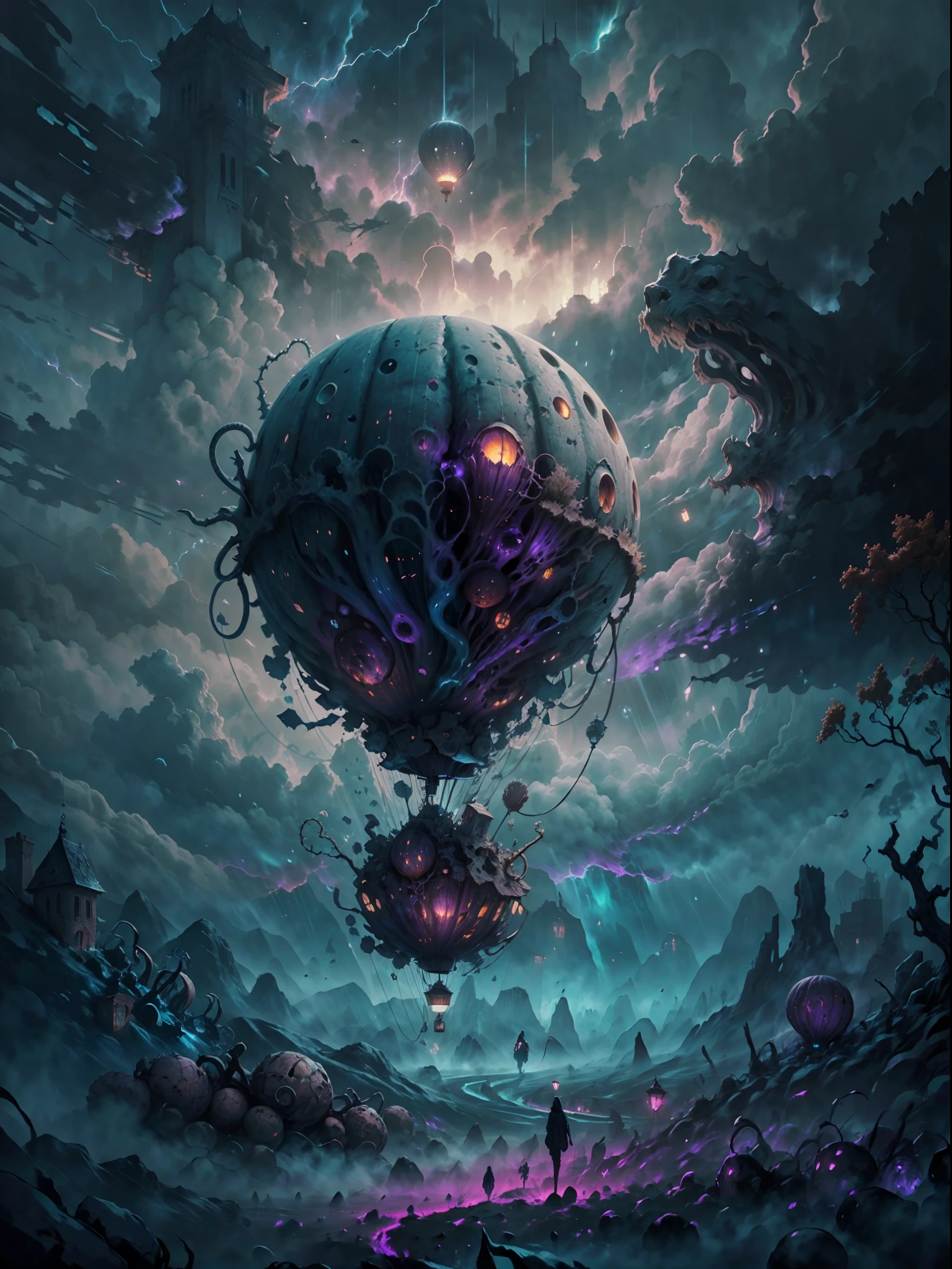 best quality,4k,8k,highres,masterpiece:1.2,ultra-detailed,realistic:1.37
,hot air balloon,HP.lovecraft style,above the cloud
,mysterious landscape,darkened sky,ominous atmosphere,foreboding clouds,eerie glow
,ancient script on the balloon,elaborate carvings,ghastly tentacles,weird symbols
,uncanny sense of scale,imposing size,,crumbling ruins
,ethereal light beams,pale moonlight,subtle glow,shadows and highlights,haunting shadows
,deeper hues of blue and purple,subdued color palette,occasional bursts of vibrant colors
,impression of movement,wisps of fog,gently swaying trees,floating debris
isolated,desolate,forgotten,calm yet unsettling,unearthly,creepy atmosphere