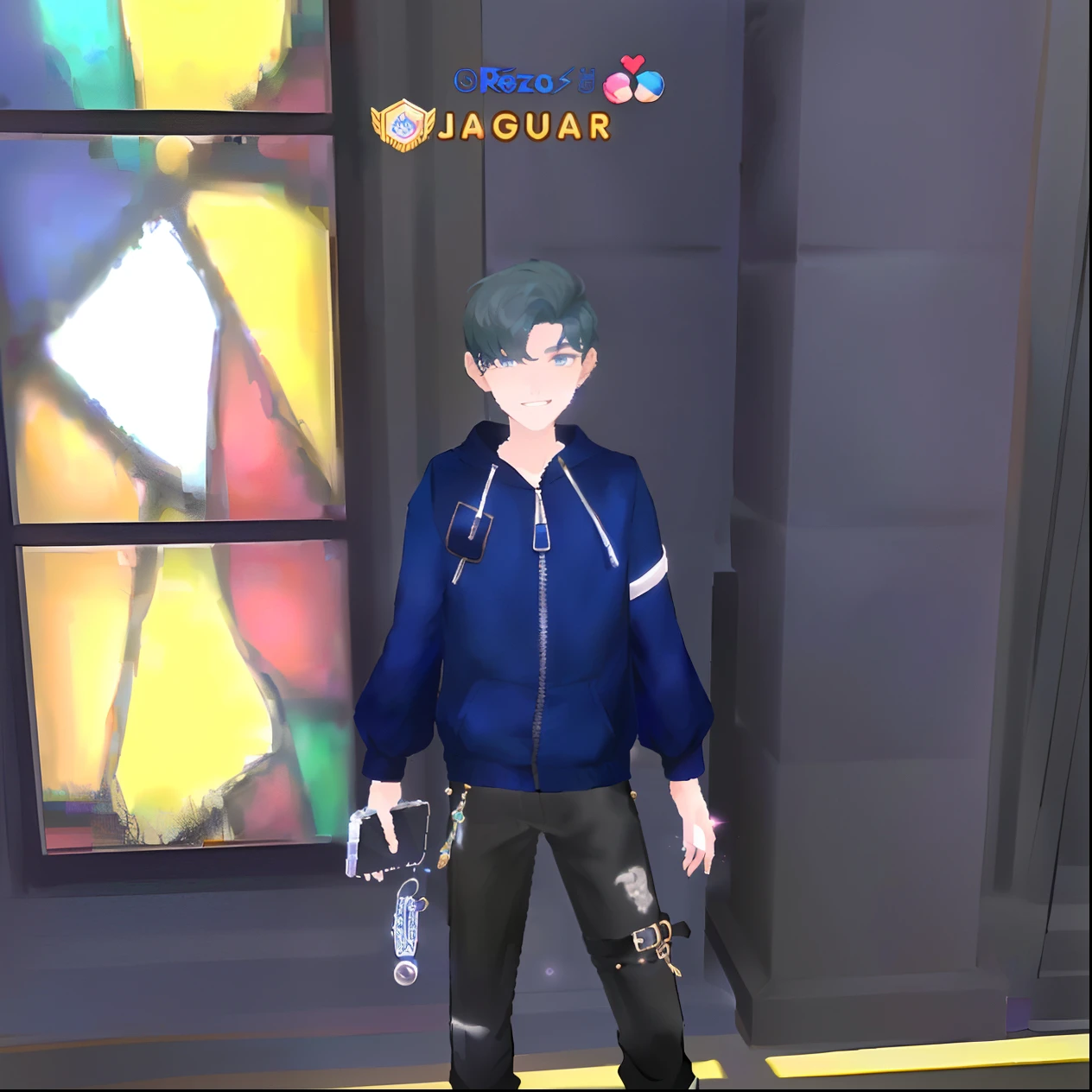 there is a man standing in front of a stained glass window, regal dark blue clothes, jrpg fashion, lunar themed attire, magical school student uniform, inspired by Jean Malouel, jk uniform, wearing blue jacket, young shadow mage male, wearing a fancy jacket, wearing a blue jacket, ingame image, blue jacket, holding jagged scimitar