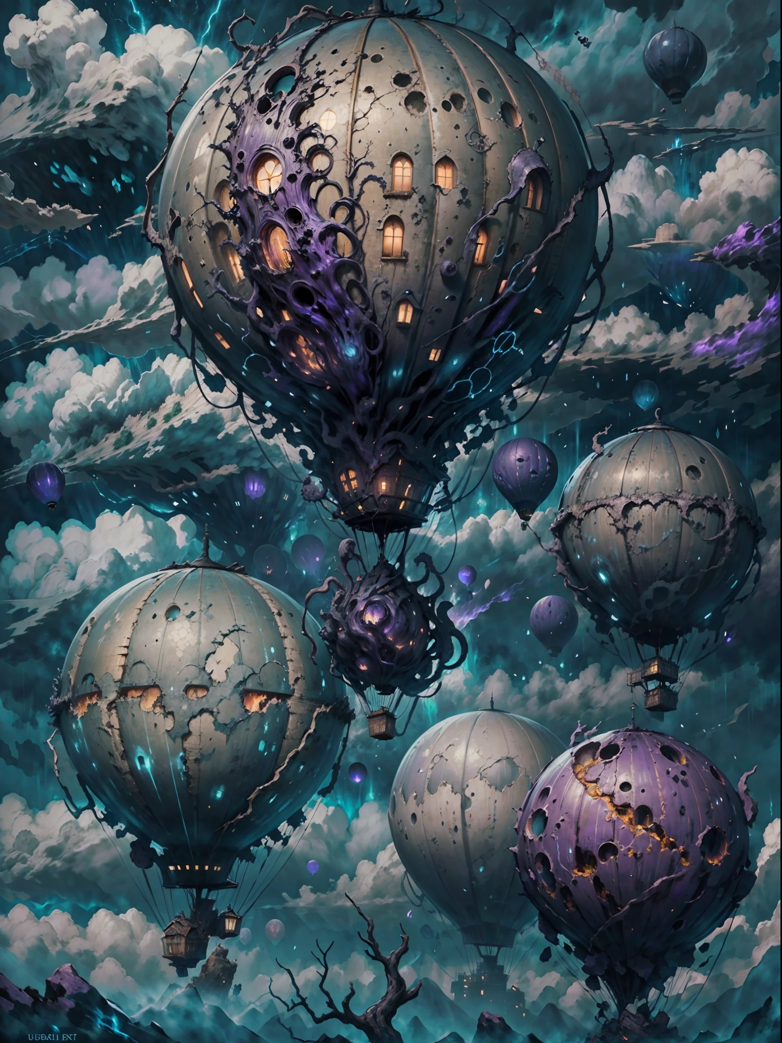 best quality,4k,8k,highres,masterpiece:1.2,ultra-detailed,realistic:1.37
,hot air balloon,HP.lovecraft style,above the cloud
,mysterious landscape,darkened sky,ominous atmosphere,foreboding clouds,eerie glow
,ancient script on the balloon,elaborate carvings,ghastly tentacles,weird symbols
,uncanny sense of scale,imposing size,,crumbling ruins
,ethereal light beams,pale moonlight,subtle glow,shadows and highlights,haunting shadows
,deeper hues of blue and purple,subdued color palette,occasional bursts of vibrant colors
,impression of movement,wisps of fog,gently swaying trees,floating debris
isolated,desolate,forgotten,calm yet unsettling,unearthly,creepy atmosphere