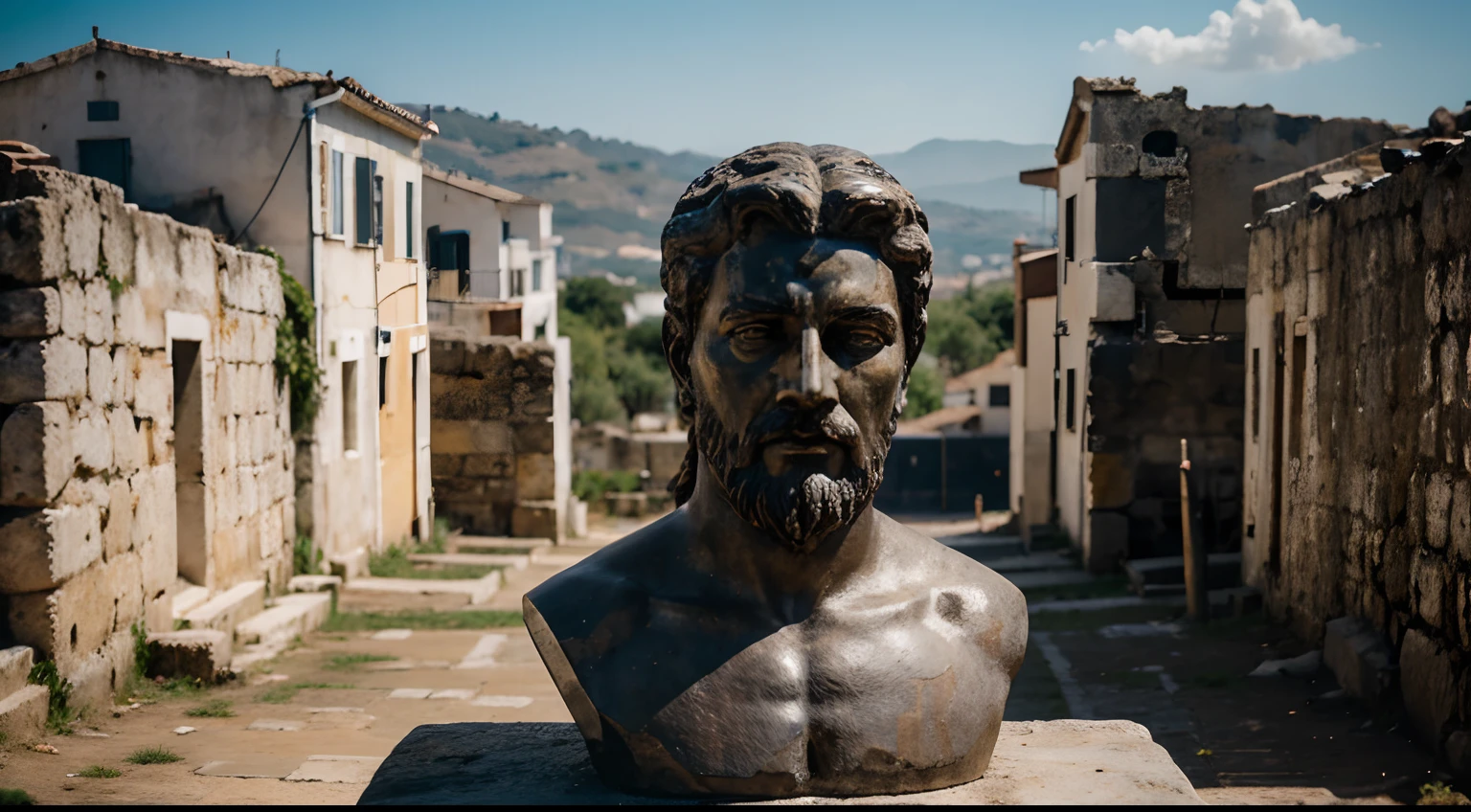 Ancient Stoic Statue With Very Angry Expression, tem barba, muitos detalhes em ambos os olhos, Outside, fundo atenas grego, open sky, com rosto extremamente detalhado full body view, Colors with low saturation with dark tone, Filmado em Sony A7S III com Sony FE 35mm f/1.8, 12.1 MP, --AR 3:2 --estilo cru