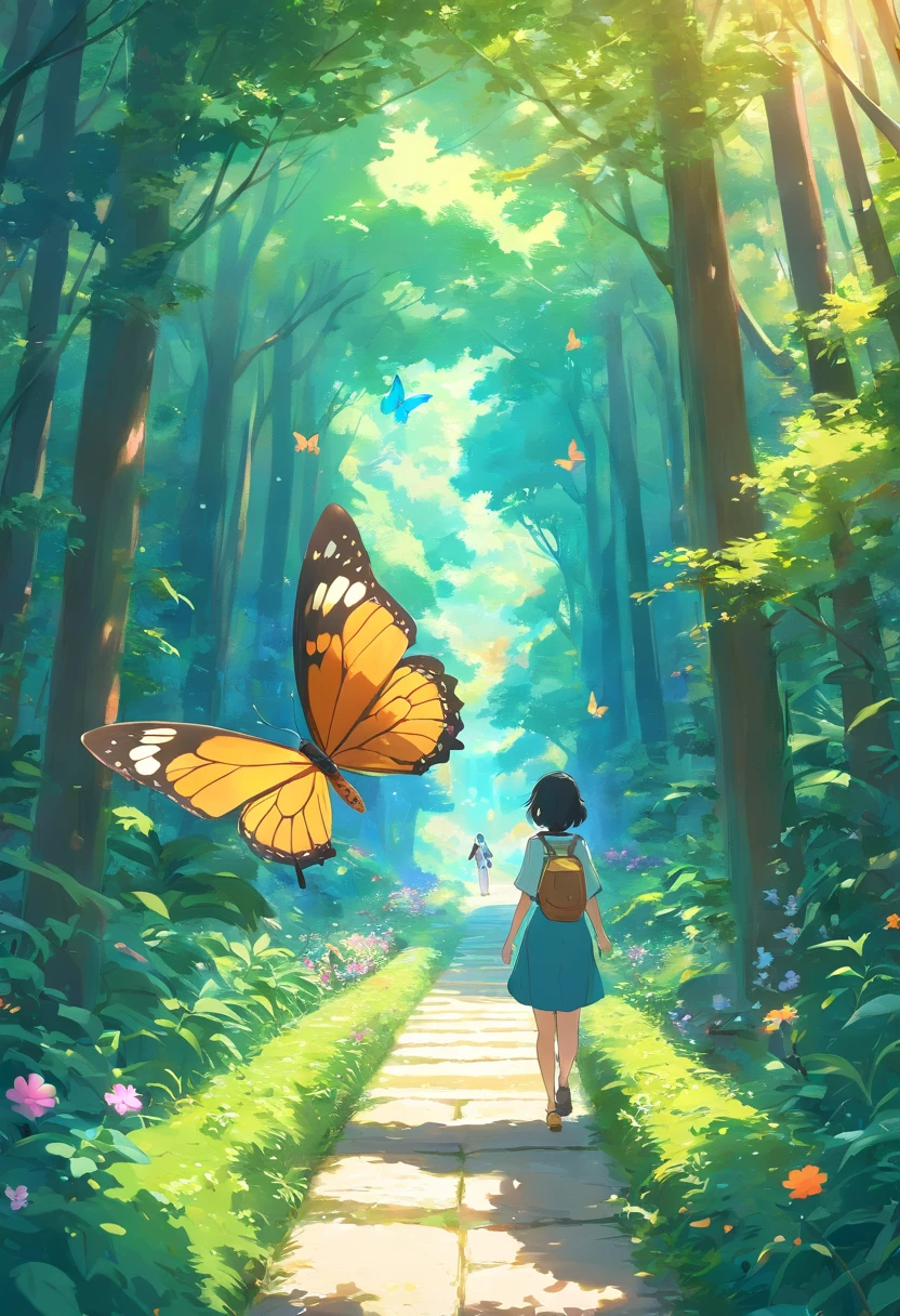 The butterfly carries the tiger through a narrow path,Enter magical groves full of vibrant flowers and exotic plants。