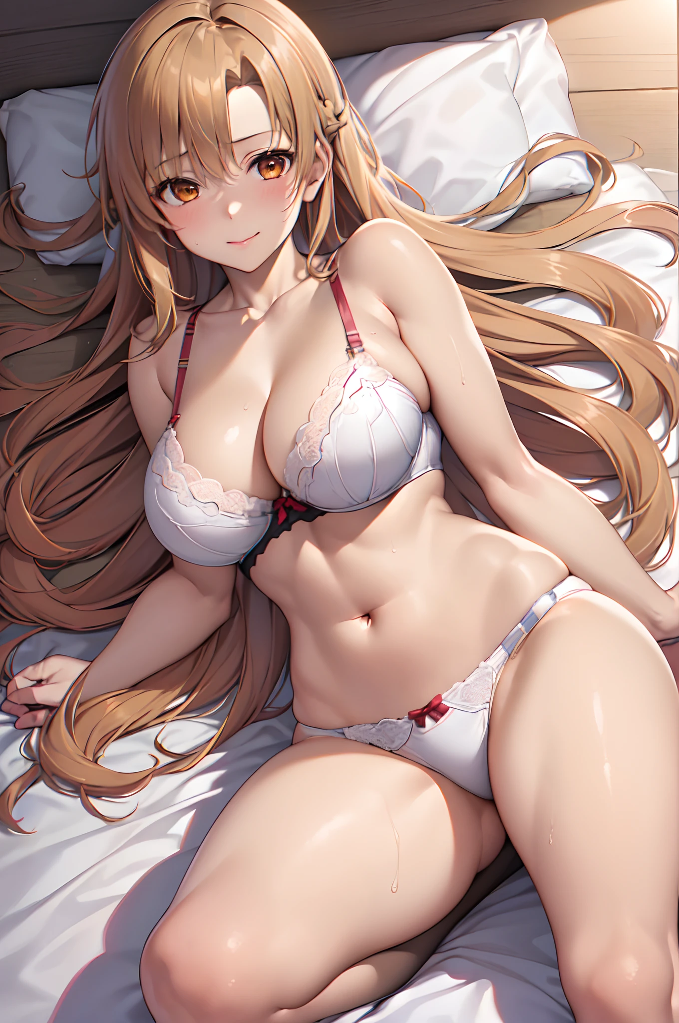 Official art、(Highly detailed CG Unity 8K:1.5),(Realistic,hyper realisitic:1.5),Perfect litthing、colourfull、Bright Front face Illuminating、(Skindentation),(White underwear:1.5),(Style image of woman in white underwear:1.5)
(Master Pieces:1.5), (best_quality:1.5), Super Hi-Vision, super detailing,upper view, Sweat,Seductive smile,
Photo Shot,hight resolution,(absurderes:1.2),Kodak Portra 400,film grains,(lensflare:1.2)、(vivd colour:1.5),
(cowboys_shot:1.4),during daytime,Sunsight,(Asuna:1.5),(Asuna Yuki:1.5),(Bra with ribbon:1.3),(lying on the bed:1.5),
(Orange Eyes:1.5),Before parting,Beautiful breasts in the hair,perspiring,length hair,(chestnut-colored hair:1.5),(Maroon hair:1.5),hugetits,(Solo:1.5),on the beds,(neat figure:1.5)
(a 1 girl:1.5)、18year old、High school students、Beautiful Finger、beautiful long leg、Beautiful body、Beautiful nose、Beautiful character design,Perfect eyes,face perfect,a navel,Beautiful hair,Sweat,Animated,cleavage,bikini of, Bra, Panties, (Wet clothes,Exquisite cloth,beautifully detailed eyes,), (Portrait),
(lovly、Large breasts:1.5),(Beautiful face:1.5),(narrowwaist:1.3)、A seductive anime girl、beautiful alluring anime woman、Beautiful charming anime teen、Smooth Anime CG Art、Beautiful anime girl、charming anime girls、The best girls in anime、beautiful anime woman、oppai、Ecchi anime style、lascivious,Exquisite cloth,white brassiere,(Highly detailed bra、Ren Hao、Lace-trimmed legwear、delicate patterns、intricate detailes:1.5)、red blush、shinny skin、A seductive anime girl、Smooth Anime CG Art、beautiful alluring anime teen、photorealistic anime girl render、beautiful alluring anime woman、animesque,Soft lighting、Beautiful anime girl、charming anime girls、Perfect body with realistic shading、