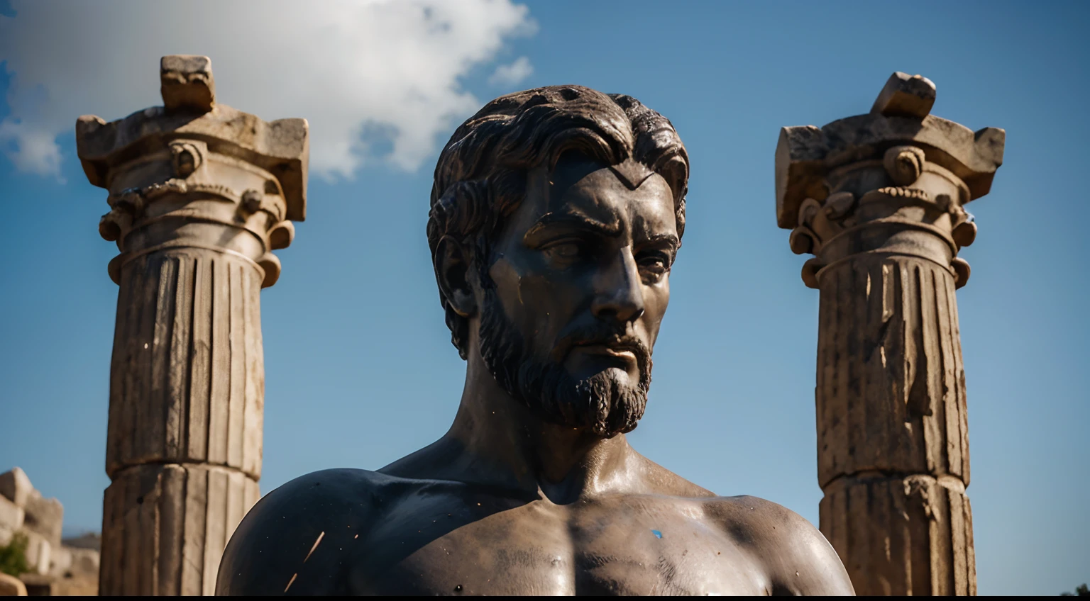 Ancient Stoic Statue With Very Angry Expression, tem barba, muitos detalhes em ambos os olhos, Outside, fundo atenas grego, open sky, com rosto extremamente detalhado full body view, Colors with low saturation with dark tone, Filmado em Sony A7S III com Sony FE 35mm f/1.8, 12.1 MP, --AR 3:2 --estilo cru