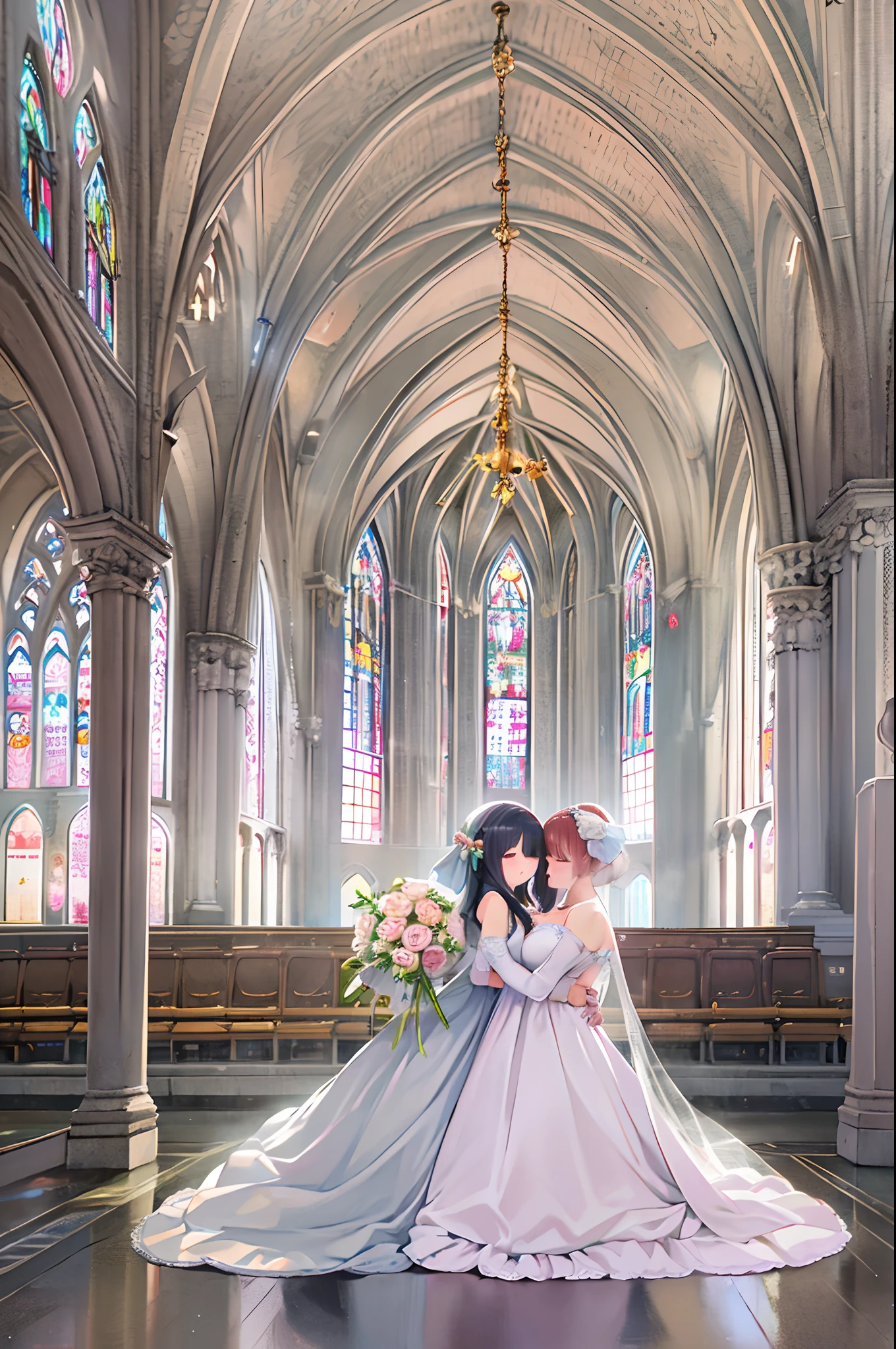 High resolution, Best Quality, masutepiece, Ultra high definition, Ultra high definition, A hyper-realistic,。.3D, Anime, Illustration, In a church、wedding hall、Two women in wedding dresses、2girls,girl1:bbw、adolable,Black hair,Bob-cut hair,rcasual、Kisses and hugs、stare、weddingdress、Girl 2:adolable,A pink-haired,Long grey hair,rcasual。Kisses and hugs、stare、weddingdress