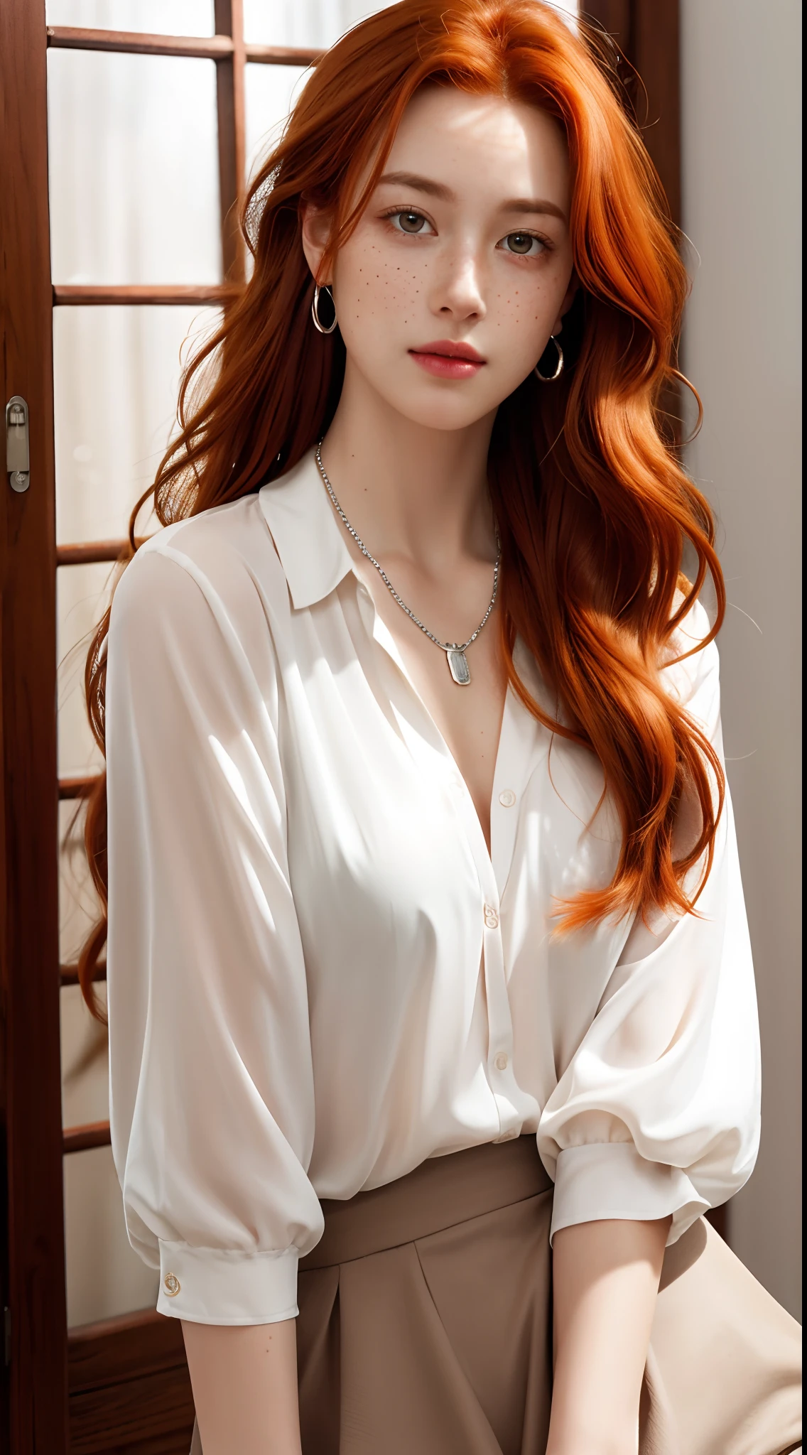 (8k, RAW photo, highest quality),(epic realistic:1.5), a girl, dynamic posture,erotic face, blouse,(detailed eyes:0.8),(looking at the camera:1.4), (highest quality), (best shadow),intricate details,cinematic,((skin:1.4)),interior, (long flowing ginger hair:1.3),dark studio,(hdr:1.5),detailed, muted colors, freckles, silver necklace, silver earring, long flowing wavy hair, smooth hair, hair down, hair pulled back