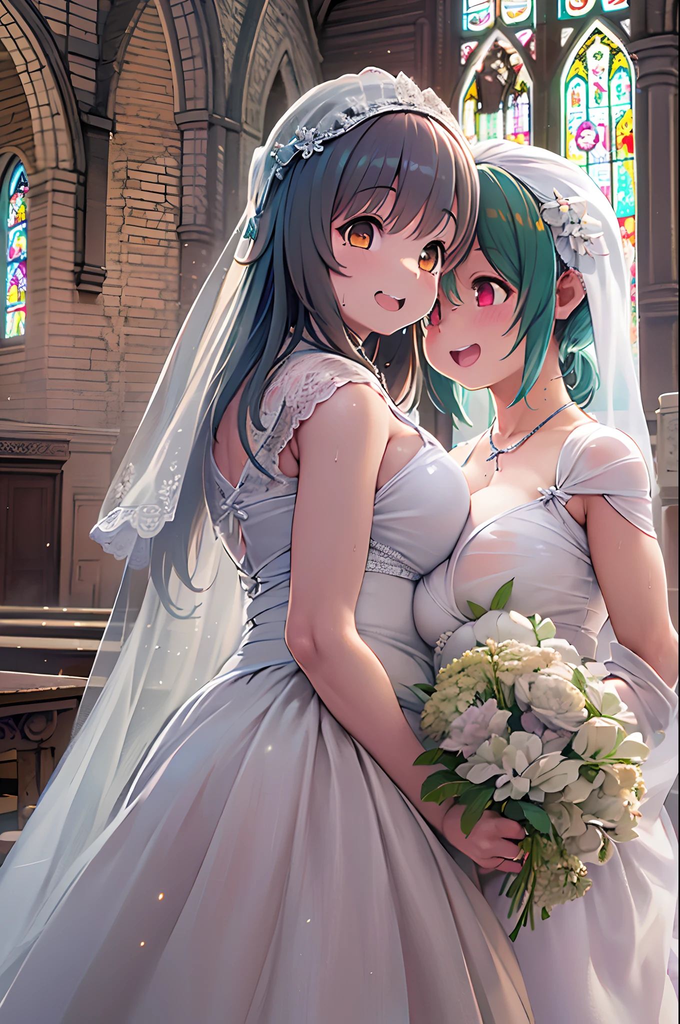 High resolution, Best Quality, masutepiece, Ultra high definition, Ultra high definition, A hyper-realistic,。.3D, Anime, Illustration, In a church、wedding hall、Two women in wedding dresses、2girls,girl1:bbw、adolable,Black hair,Bob-cut hair,rcasual、Kisses and hugs、stare、weddingdress、Girl 2:adolable,A pink-haired,Long grey hair,rcasual。Kisses and hugs、stare、weddingdress