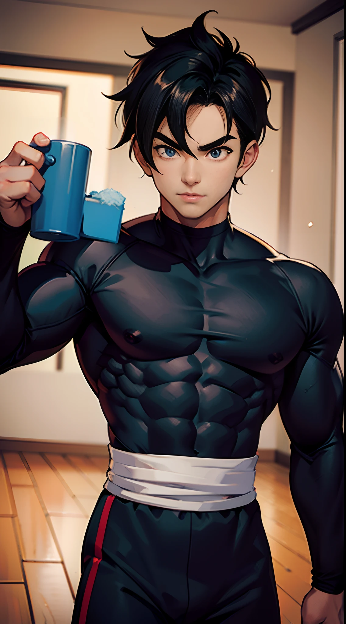 Gohan Muscular body , looking at the camera.        black compression shirt