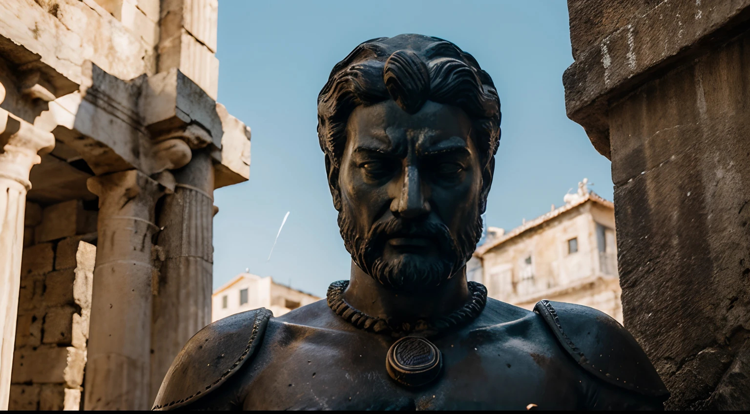 Ancient Stoic Statue With Very Angry Expression, tem barba, muitos detalhes em ambos os olhos, Outside, fundo atenas grego, open sky, com rosto extremamente detalhado full body view, Colors with low saturation with dark tone, Filmado em Sony A7S III com Sony FE 35mm f/1.8, 12.1 MP, --AR 3:2 --estilo cru
