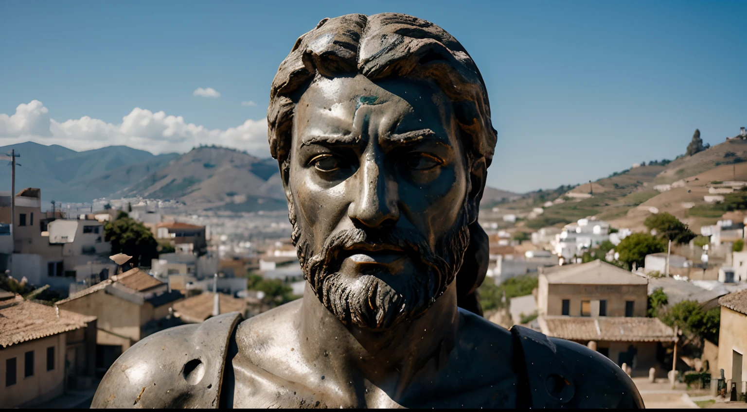 Ancient Stoic Statue With Very Angry Expression, tem barba, muitos detalhes em ambos os olhos, Outside, fundo atenas grego, open sky, com rosto extremamente detalhado full body view, Colors with low saturation with dark tone, Filmado em Sony A7S III com Sony FE 35mm f/1.8, 12.1 MP, --AR 3:2 --estilo cru