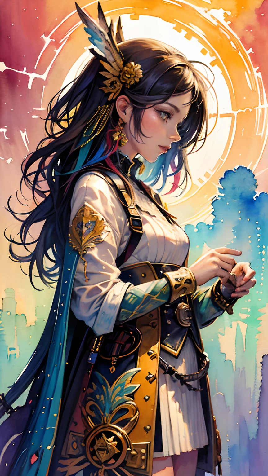 (masterpiece, top quality, best quality, official art, beautiful and aesthetic:1.2), (1girl:1.3), extreme detailed,colorful,highest detailed,(watercolour painting:1.3), optical mixing, playful patterns, lively texture, rich colors, unique visual effect