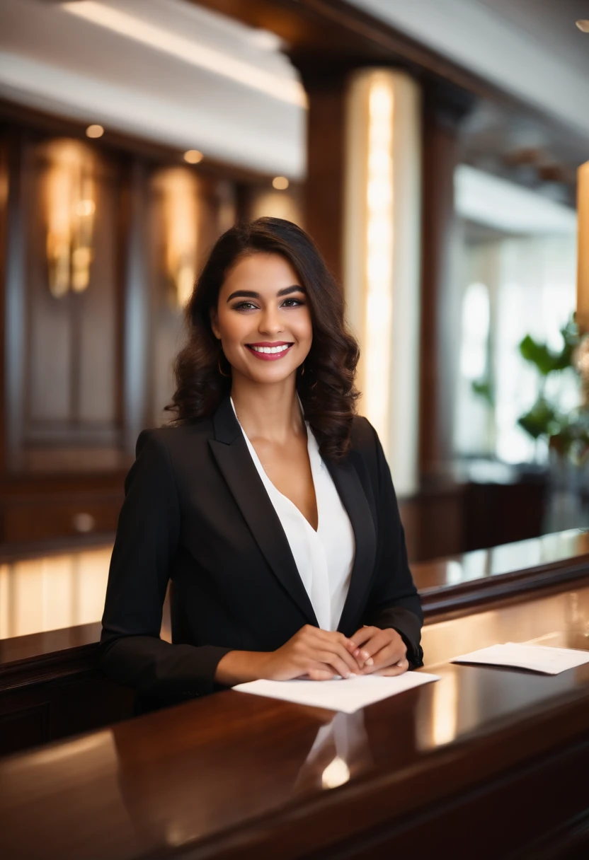 Natural light, girl smiling at the front desk of the hotel in a black suit (best quality, masterpiece: 1.2)