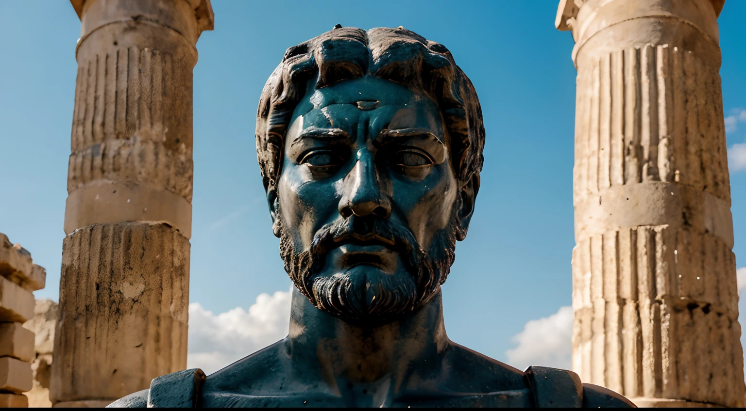 Ancient Stoic Statue With Very Angry Expression, tem barba, muitos detalhes em ambos os olhos, Outside, fundo atenas grego, open sky, com rosto extremamente detalhado full body view, Colors with low saturation with dark tone, Filmado em Sony A7S III com Sony FE 35mm f/1.8, 12.1 MP, --AR 3:2 --estilo cru