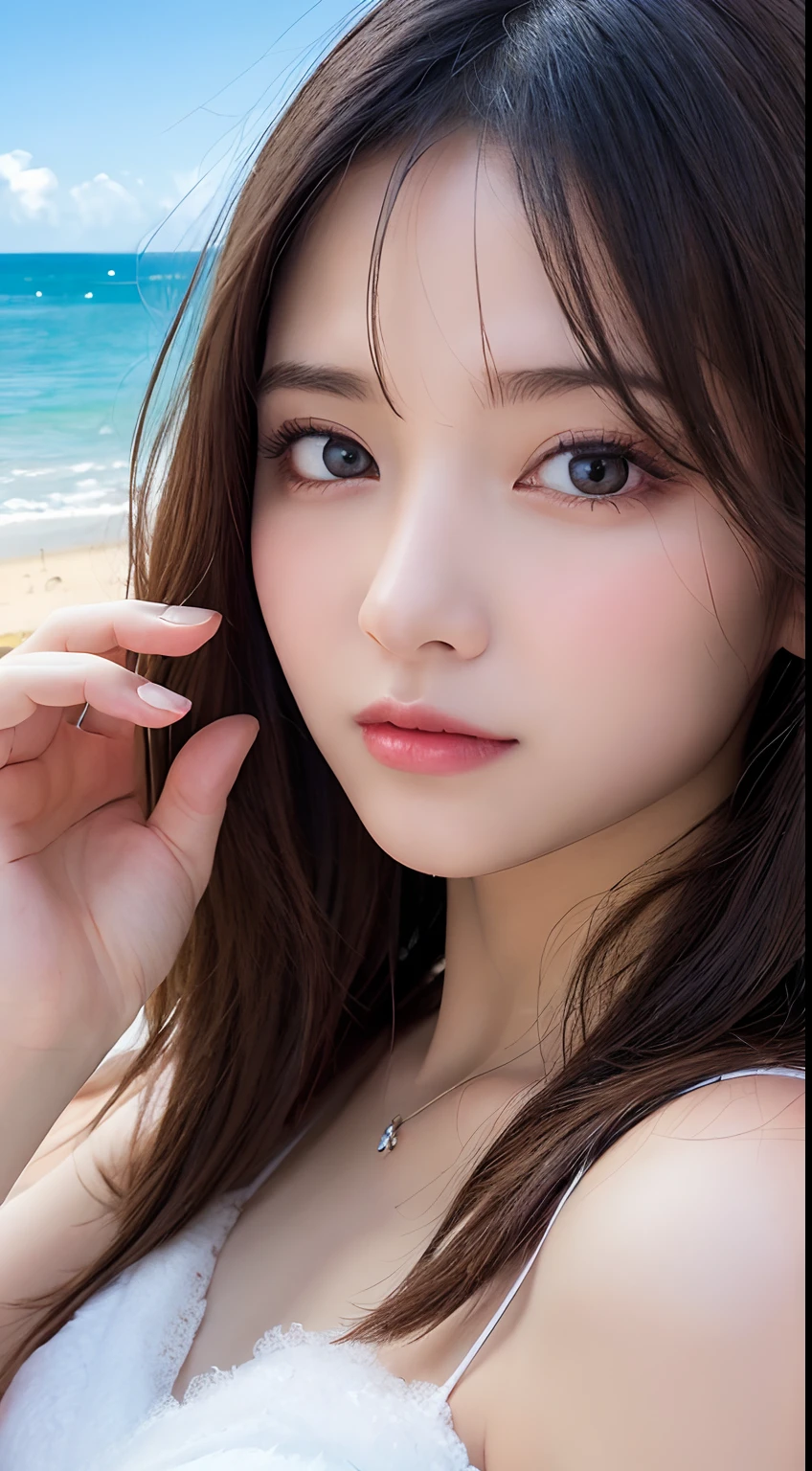 randome pose, mix4, (8K, Raw foto, top-quality, ​masterpiece: 1.2), (realisitic, realisitic: 1.37), girl with, cute little, the beach, natta, Sateen, wetty, profetional lighting, photon maping, Radio City, physically-based renderingt, gradient brunet, white  hair, short curls, a handsome, girl with, swim wears, high quality photograph, hight resolution, 1080p, (clearface), (Detailed face description), (Detailed hand description), (​masterpiece), (Exquisite CG), extreme light and shadows, dishevled hair, ​masterpiece, lush detail, (Fine facial features), (top quality photo), (​masterpiece), (A detailed eye), Look in front of you, fine clavicle, middlebreast