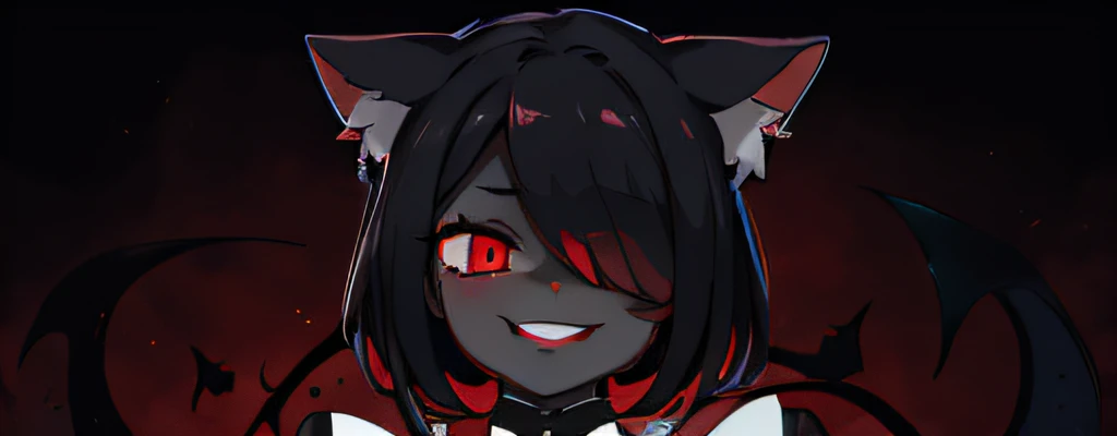 black-skinned，One eye is covered by bangs，Cat ears，Luxurious maid outfit，Devilish charm，Sinister smile，Terrifying atmosphere，Black whites of the eyes，Magic Array，Black and red background