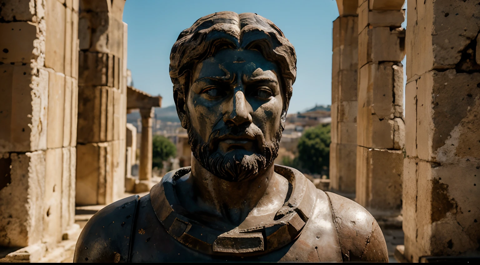 Ancient Stoic Statue With Very Angry Expression, tem barba, muitos detalhes em ambos os olhos, Outside, fundo atenas grego, open sky, com rosto extremamente detalhado full body view, Colors with low saturation with dark tone, Filmado em Sony A7S III com Sony FE 35mm f/1.8, 12.1 MP, --AR 3:2 --estilo cru