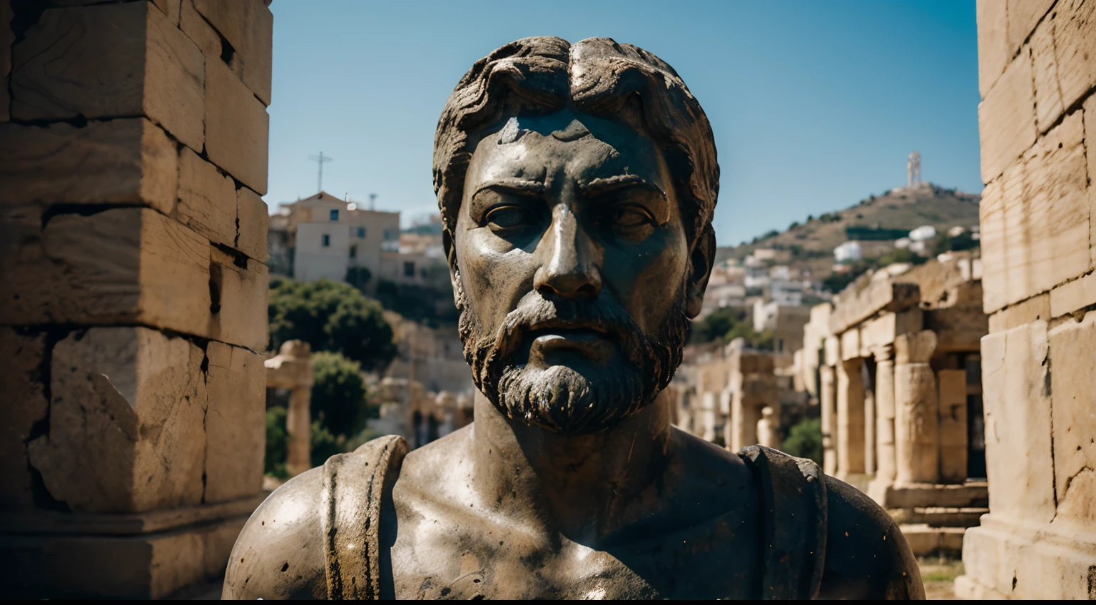 Ancient Stoic Statue With Very Angry Expression, tem barba, muitos detalhes em ambos os olhos, Outside, fundo atenas grego, open sky, com rosto extremamente detalhado full body view, Colors with low saturation with dark tone, Filmado em Sony A7S III com Sony FE 35mm f/1.8, 12.1 MP, --AR 3:2 --estilo cru