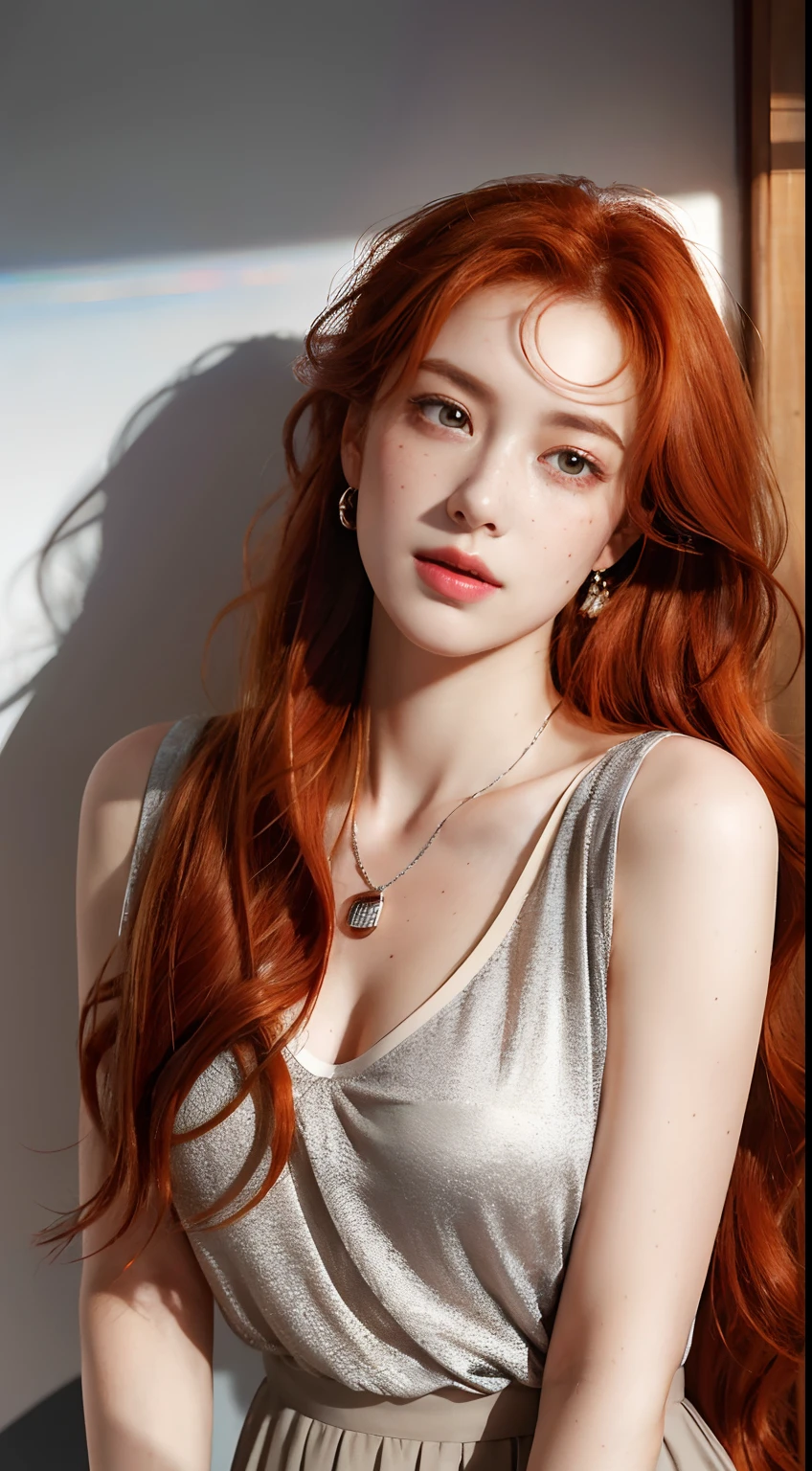 ( masterpiece, top quality, best quality,8k,17 years old girl,ultra detailed,raw photo:1.5),(photorealistic:1.4), (red hair:1.5), (cinematic lighting), PerfectNwsjMajic, , Surrealism, UHD, ccurate, Super detail, textured skin, High detail, Best quality, dynamic angle, (high nose,White skin),[Beautiful blue eyes],[flat chest:large breasts:0.5],(1girl),(good anatomy:0.5)),(outside:1.5), Necklaces,