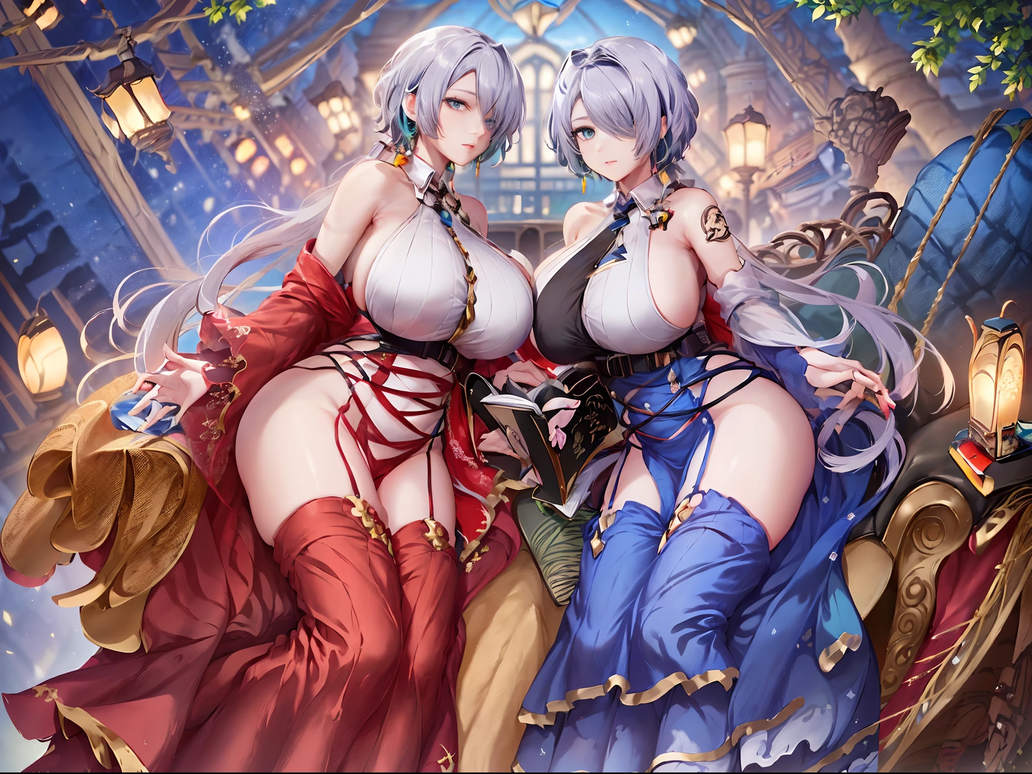 Best Quality,4K,hight resolution, CGSetsoty Trends, Fantasy art, beautiful character painting, ((8K, masterpiece, read a book, sunlights, black tea, The table, Thin and transparent, Luxurious decoration, Room with window, the sofa)), guweiz, epic exquisite character art, Stunning character art, Beautuful Women, (((Tight long skirt, Slit skirts,bridfx, brid_nikke, One lady, Hair over one eye, Outer silver hair, Blue hair inside,masterpiece, top-quality, huge long breasts)))